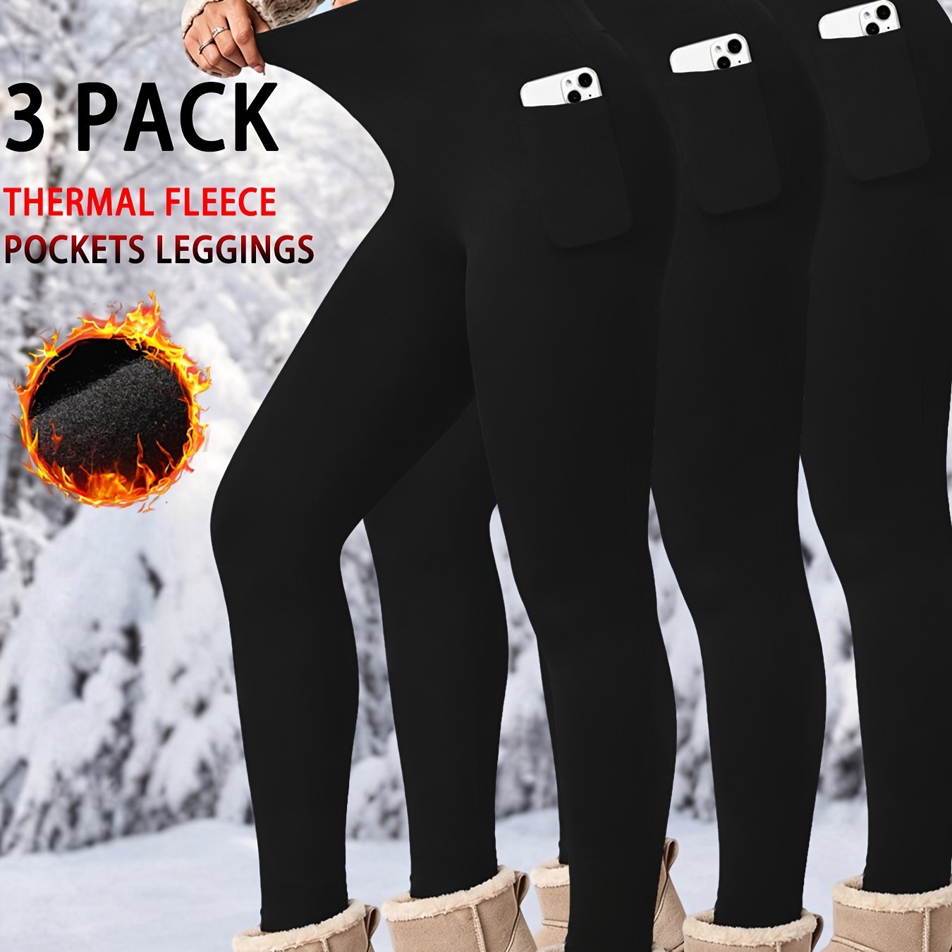 TEMU 3-pack Women's Thermal Fleece Lined High-waist Leggings With Pockets, Winter Warm Thick Tights, Soft Yoga Running Pants