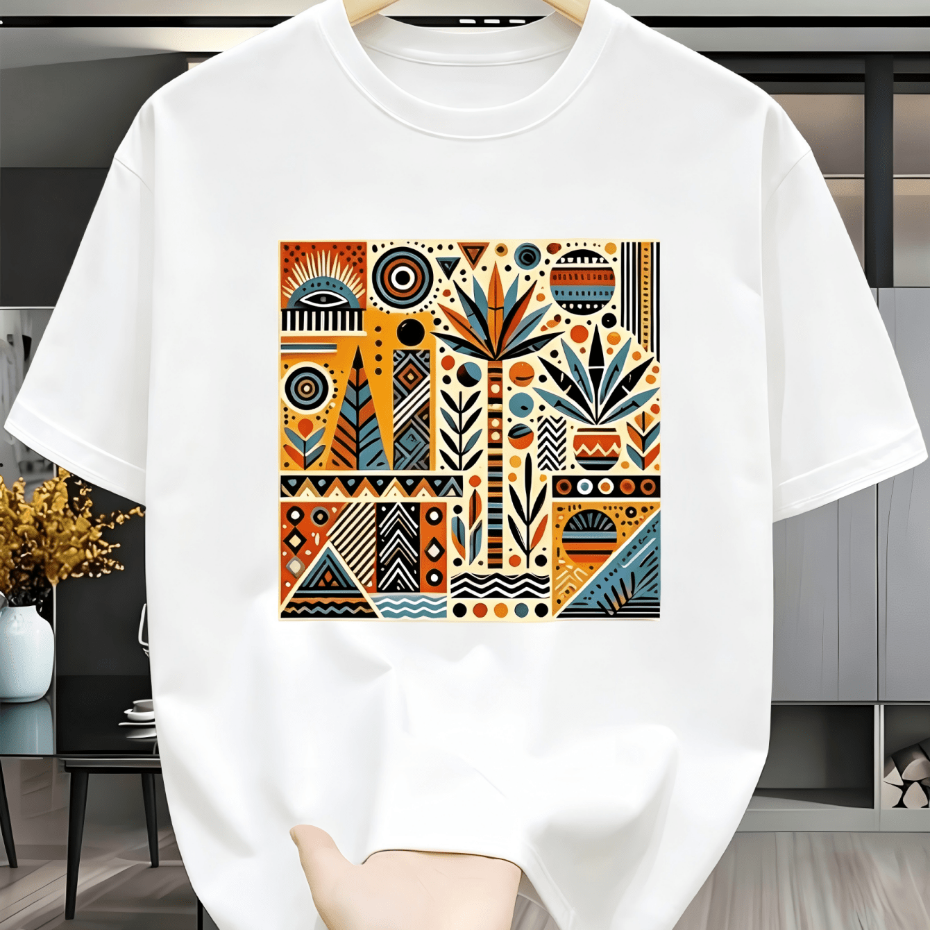 TEMU Summer Men's Bohemian Style Geometric Printed T-shirt Retro Ethnic Style Plant Pattern Loose Breathable Round Neck Short Sleeve Casual Top