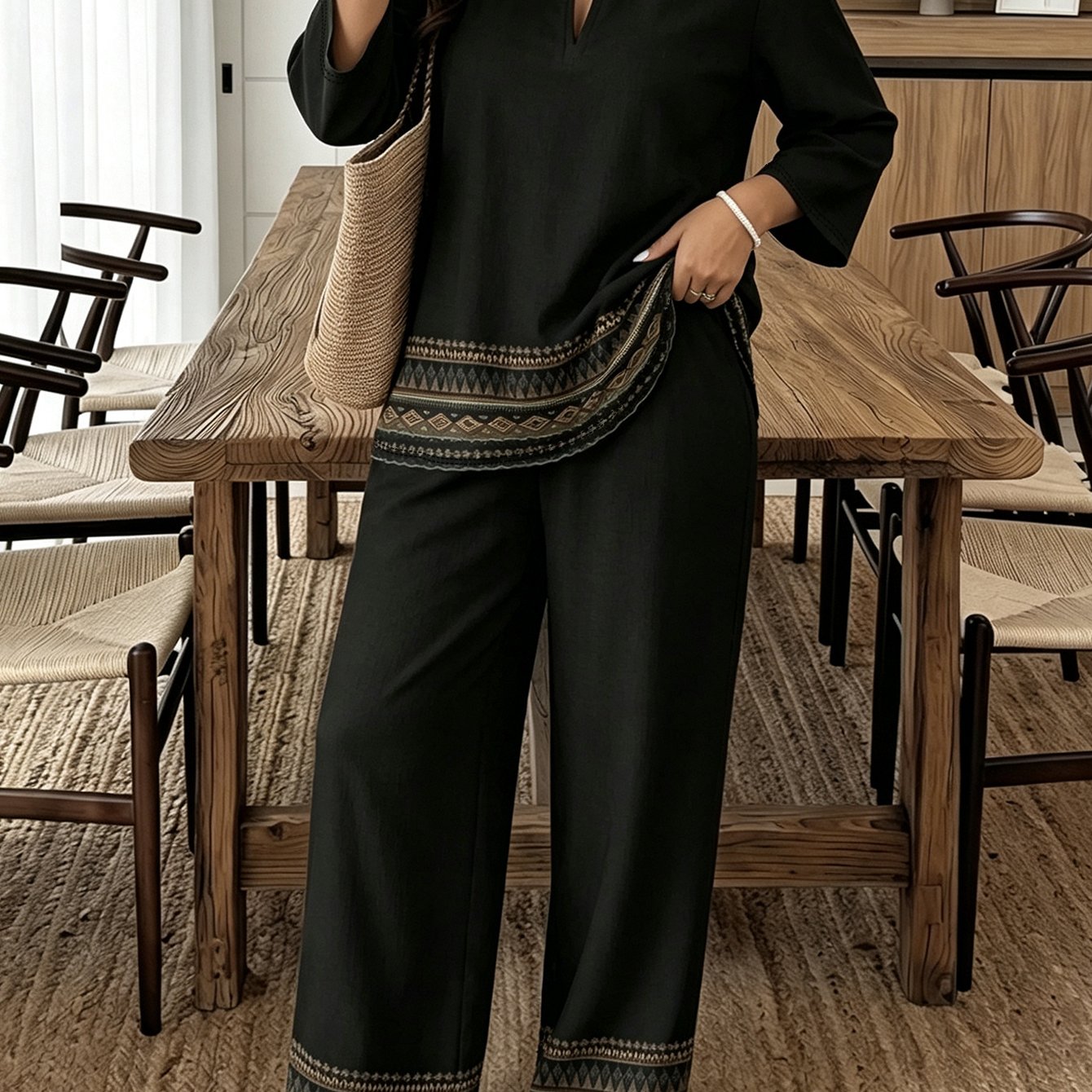 Image of 2pcs Set, Plus Size Women's Retro Ethnic Style Printed Plus Size Set, Split V-neck Long Sleeved Top+loose Wide Leg Pants Bohemian Casual Set, Plus Size Pants Set, Plus Size Set