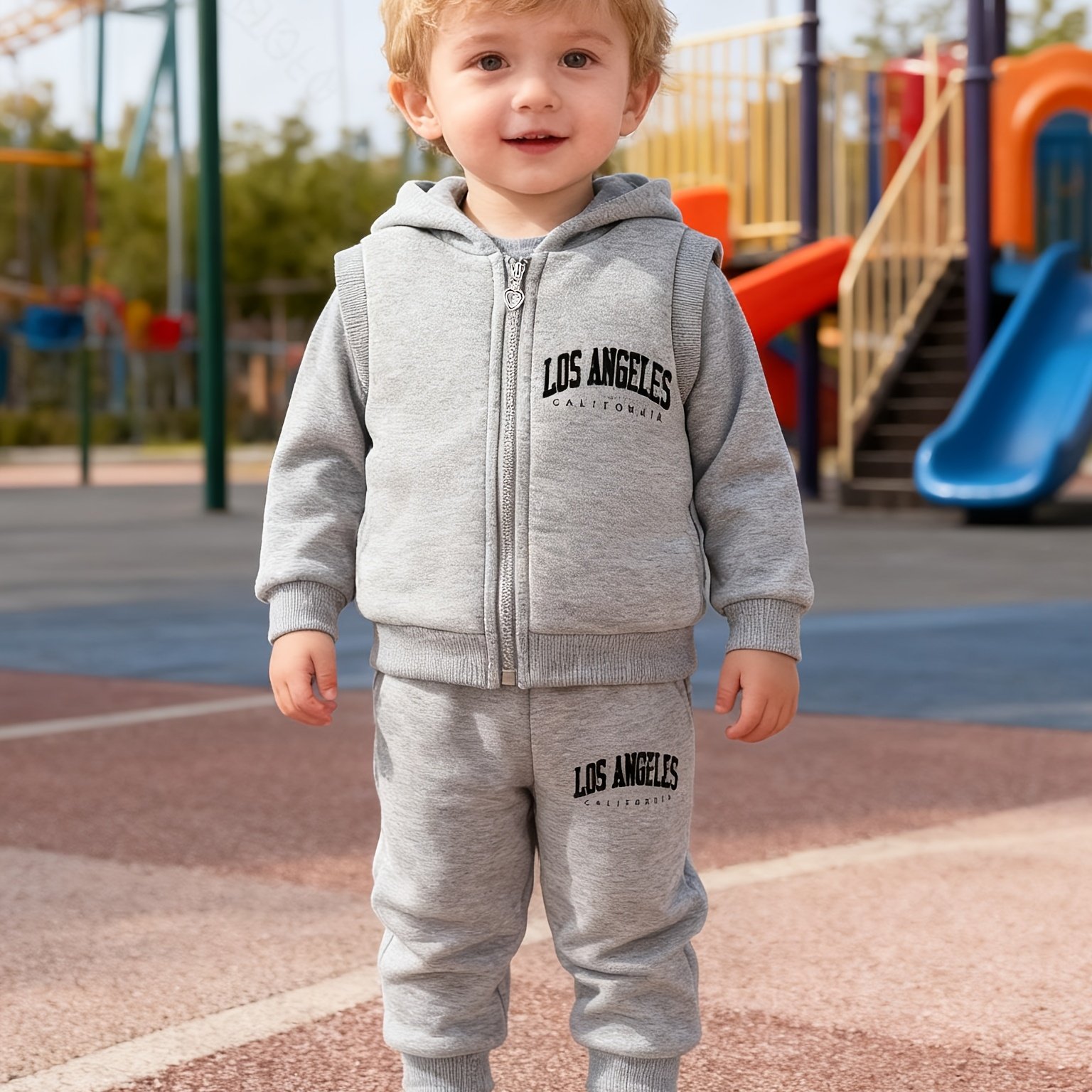 Image of Baby Boy Outdoor Autumn Winter Fleece Thick Comfortable Cute Geometric Pattern Print Hooded Vest And Pants 3pcs Set, For Outdoor, Christmas, Halloween