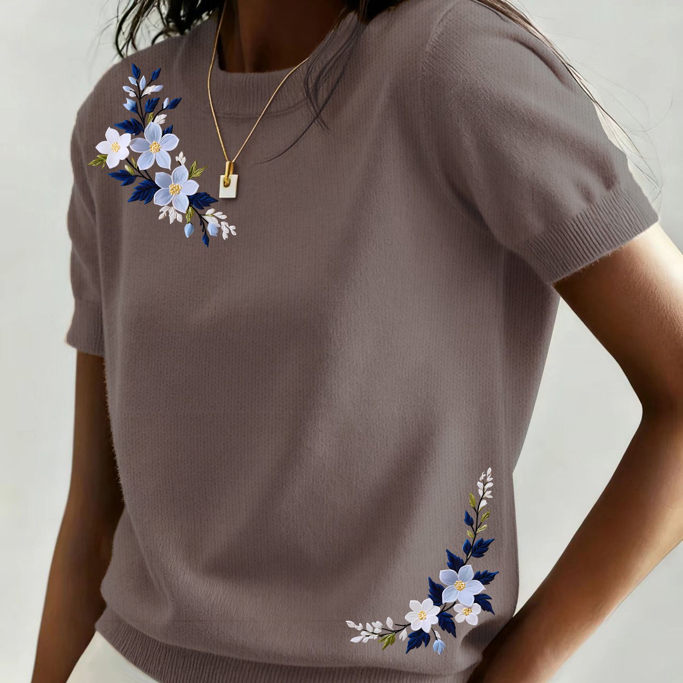 TEMU A Women's Fashionable Short-sleeve Sweater With A Round Neck, Featuring 2d And Rhinestone Print Patterns, Suitable For Wearing , Summer, And