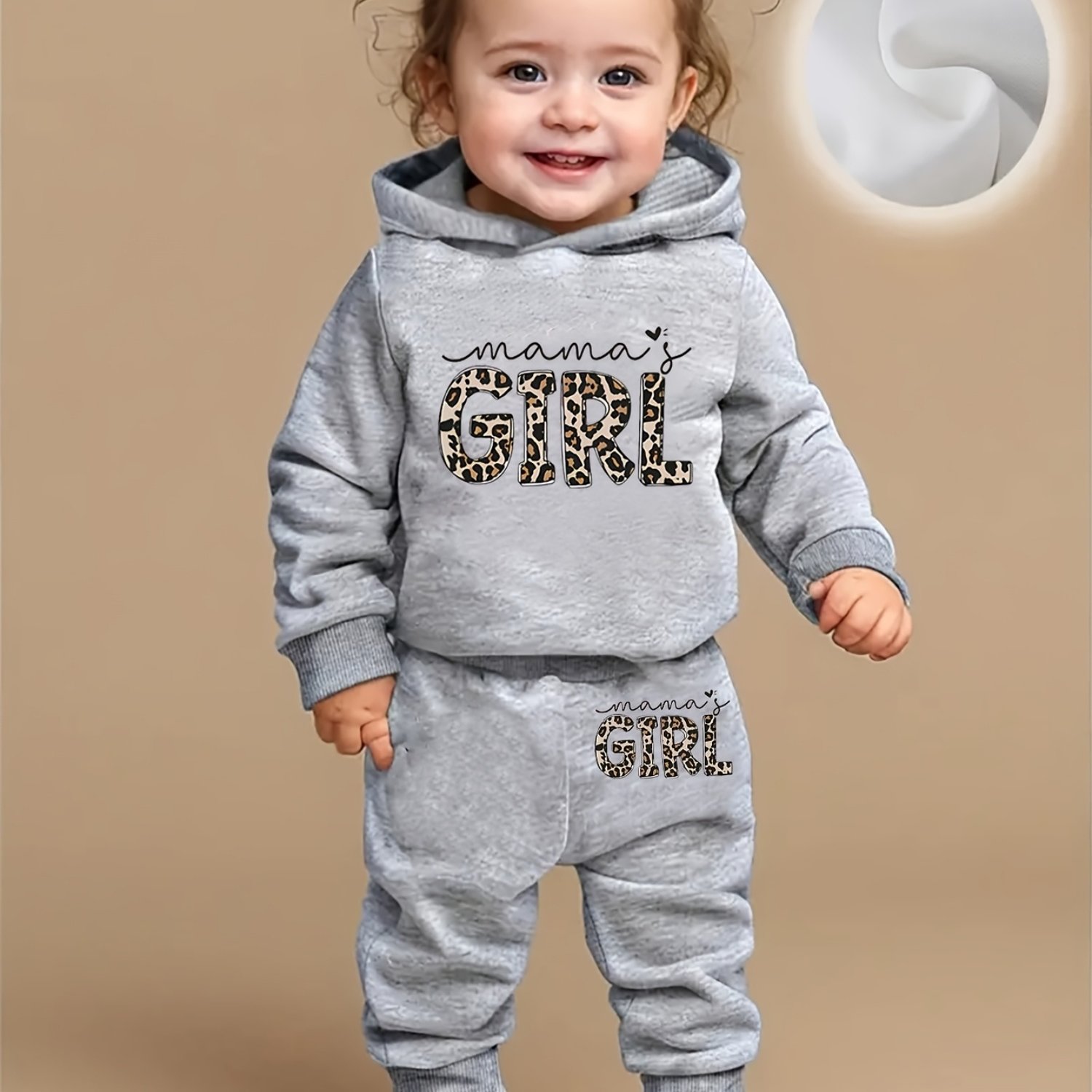 Image of Baby Girl Long Sleeve Fleece Leopard Mama's Girl Print Hooded Sweatshirt And Fleece Long Pants Casual Sports Set, For Outdoor