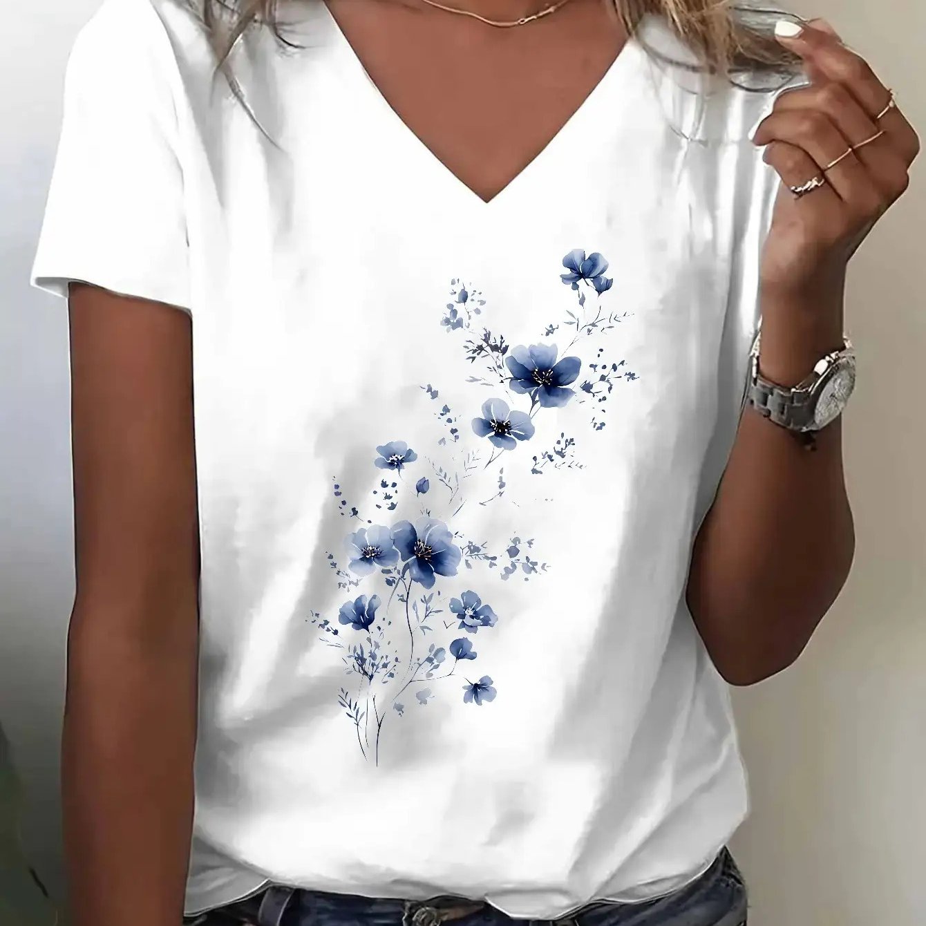 TEMU Women's & Men's Vintage V-neck T-shirt - Elegant White With Blue Floral Print, Loose Fit Short Sleeve Casual Top, Lightweight Breathable Fabric,