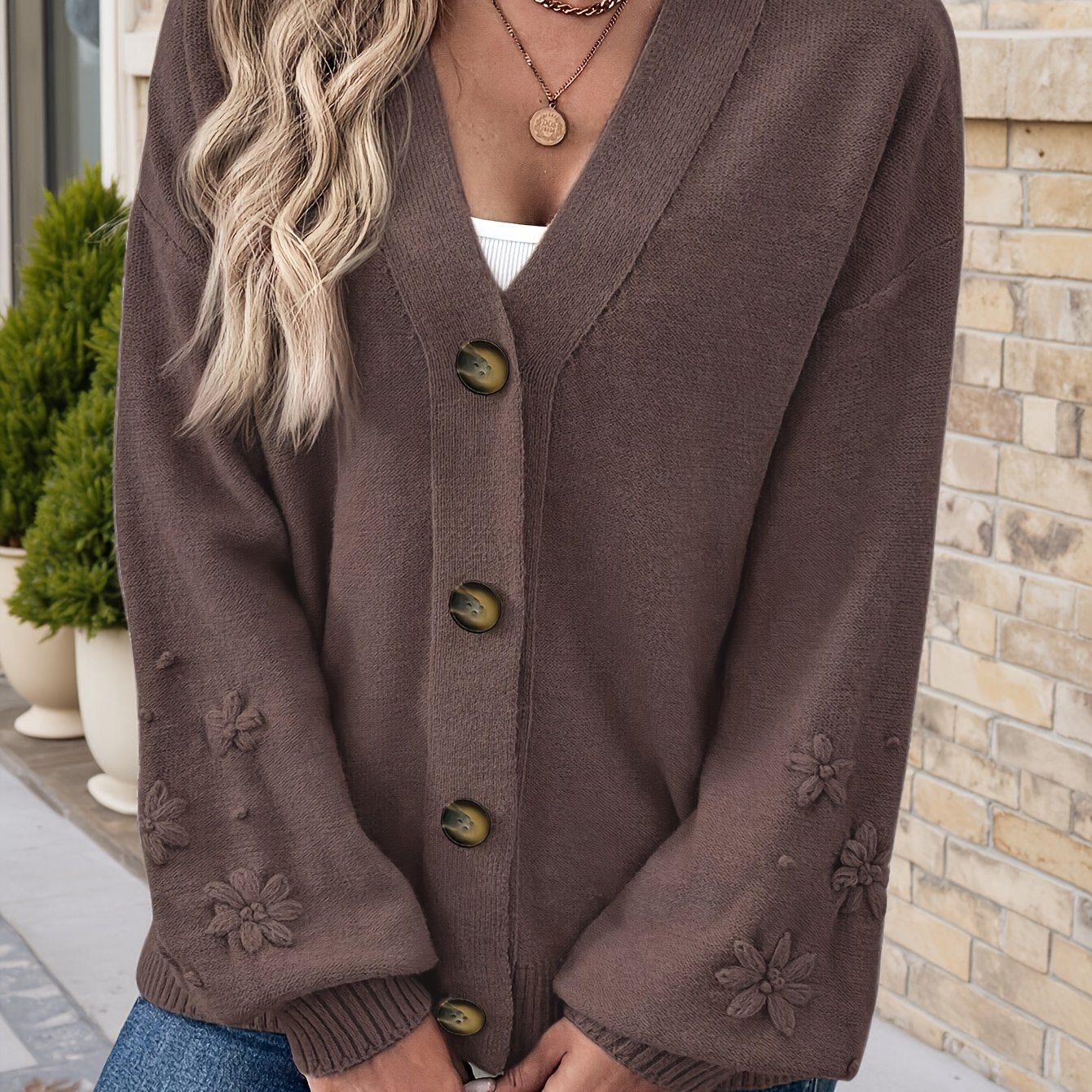 Plus Size, Plus Size Women's Elegant V-neck Button Drop Shoulder Long Sleeve Cardigan