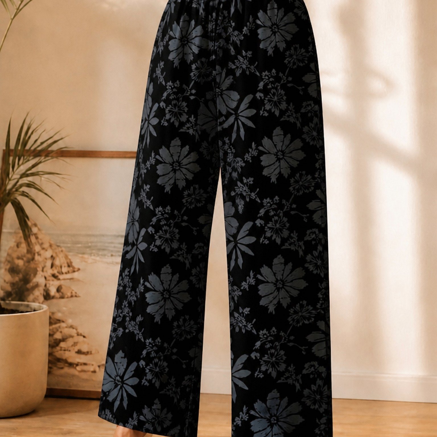 TEMU [printed Design-not Textured] Wide-leg Pants Summer Floral Casual Trousers Suitable For Daily Wear