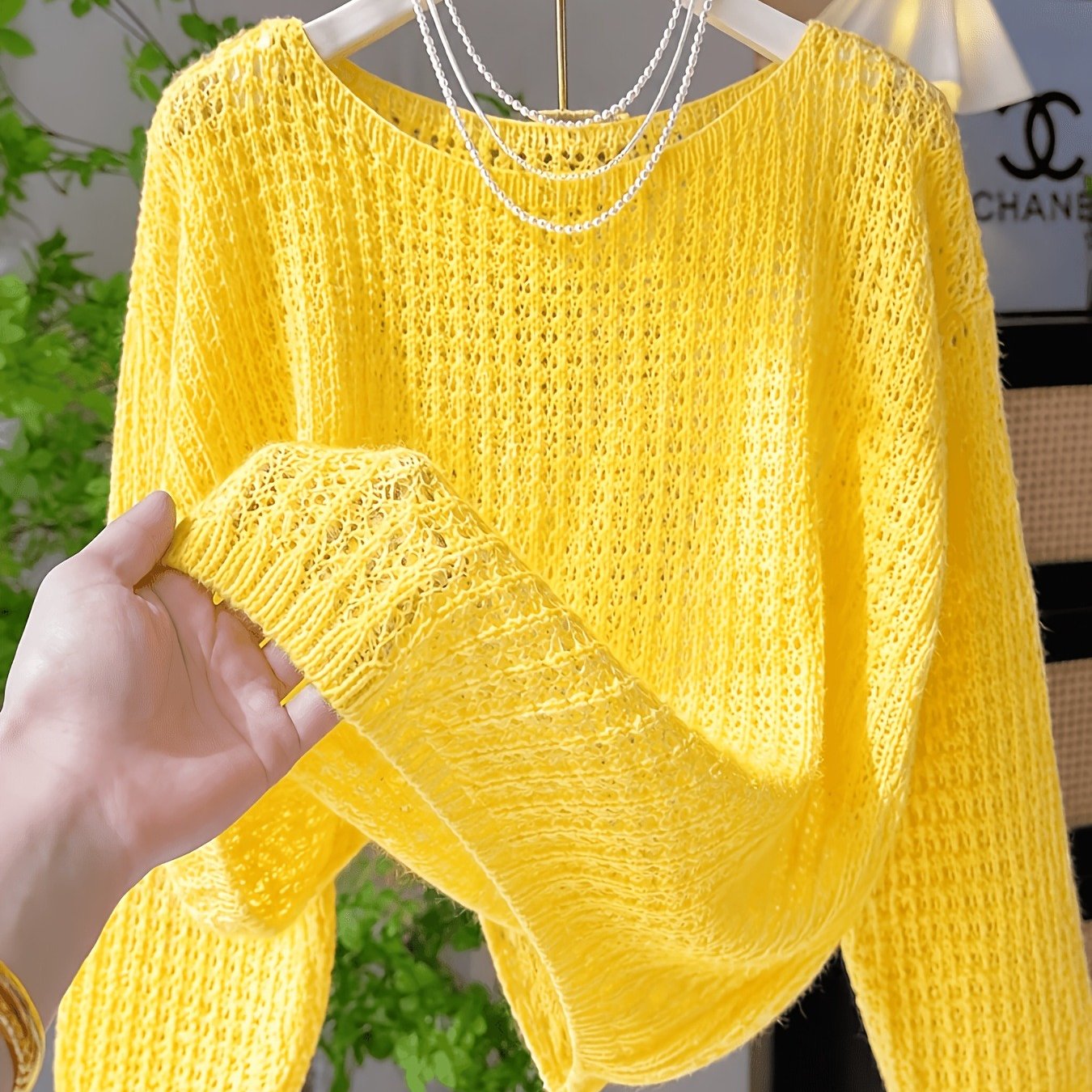 TEMU Women's Lightweight Crochet Sweater - Hollow Out -compatible Pullover, Loose Fit Breathable Layering Top With Hollow Out, Solid Color Crewneck