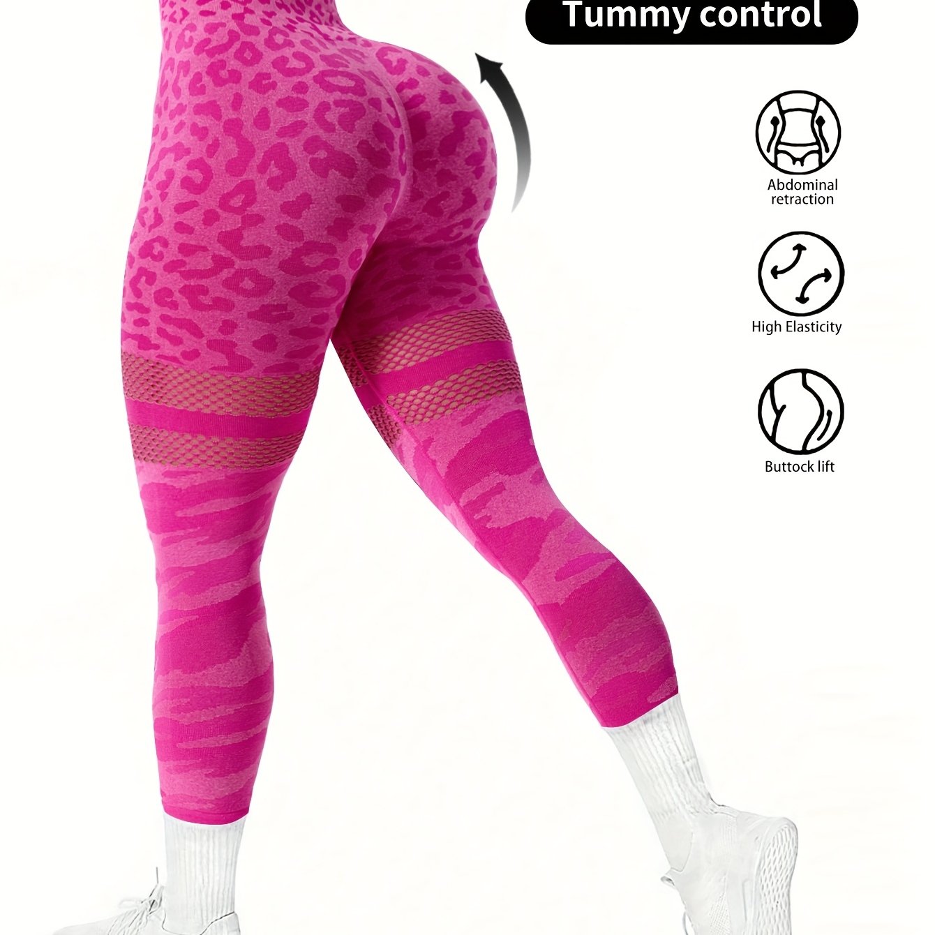 Image of High Waist Elastic Workout Leopard Print Sports Leggings, Hollow Yoga Fitness Tight Pants, Women's Activewear
