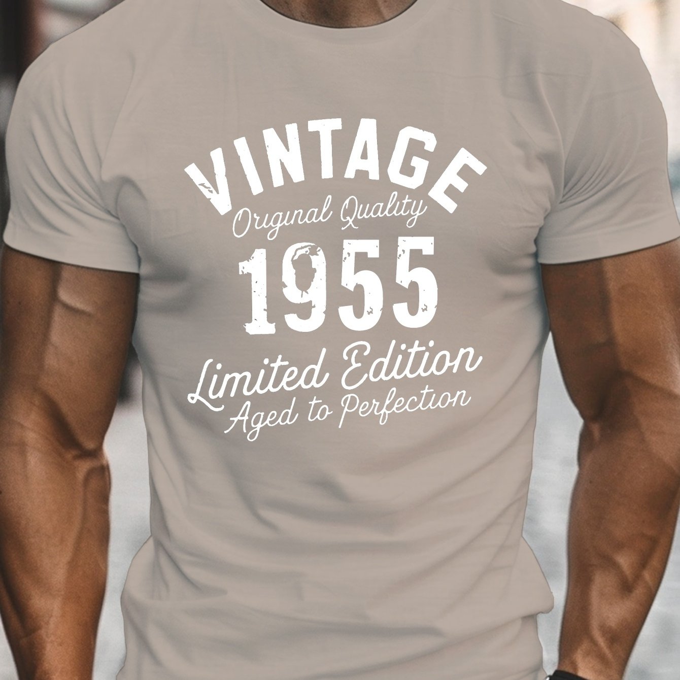 TEMU Vintage Edition 1955 Print, Men's Round Crew Neck Short Sleeve Tee, Casual T-shirt Casual Comfy Lightweight Top For Summer