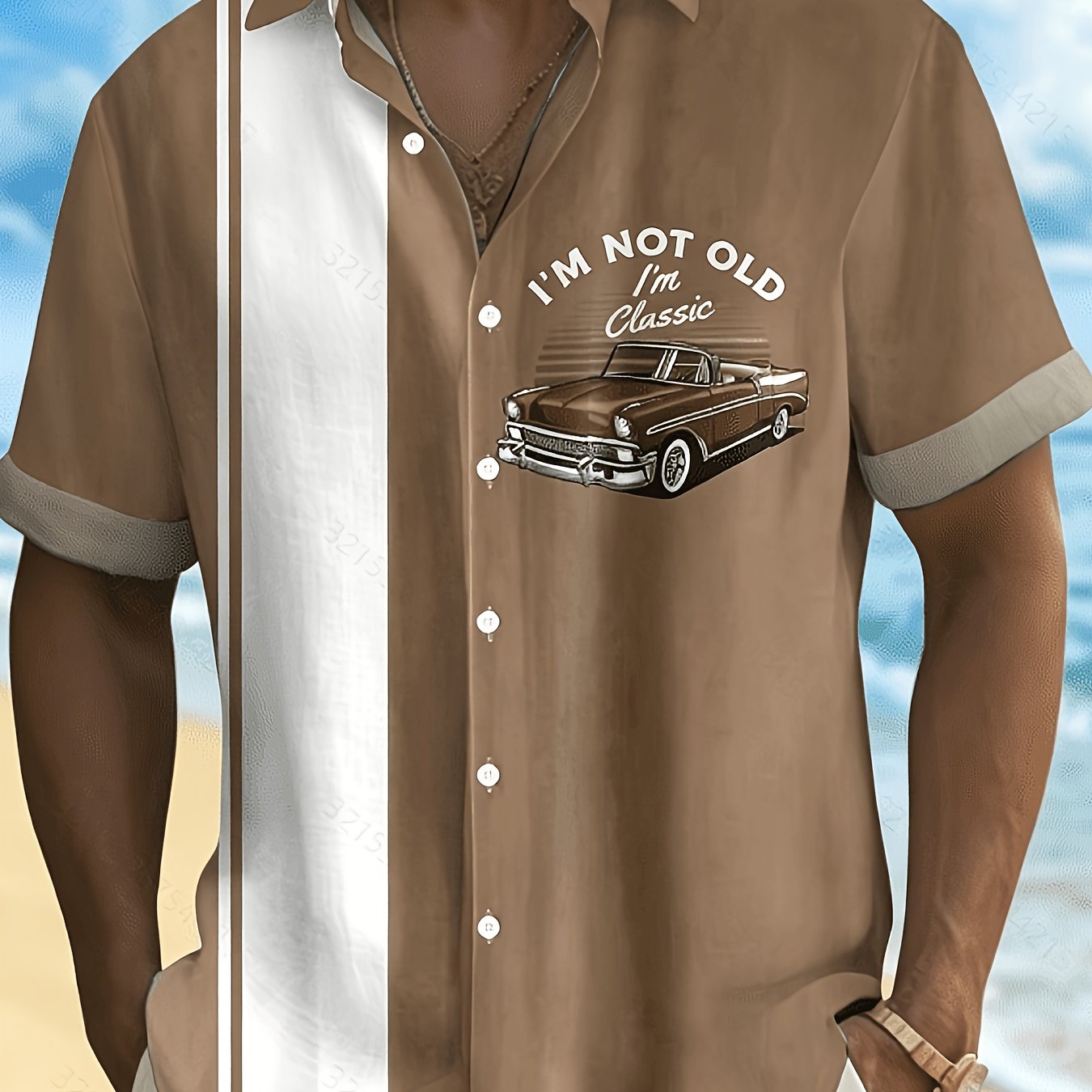 TEMU [print Design - No Texture] Summer Men's Shirt Retro Vintage Car Contrast Color Striped Print Men's Button-up Shirt