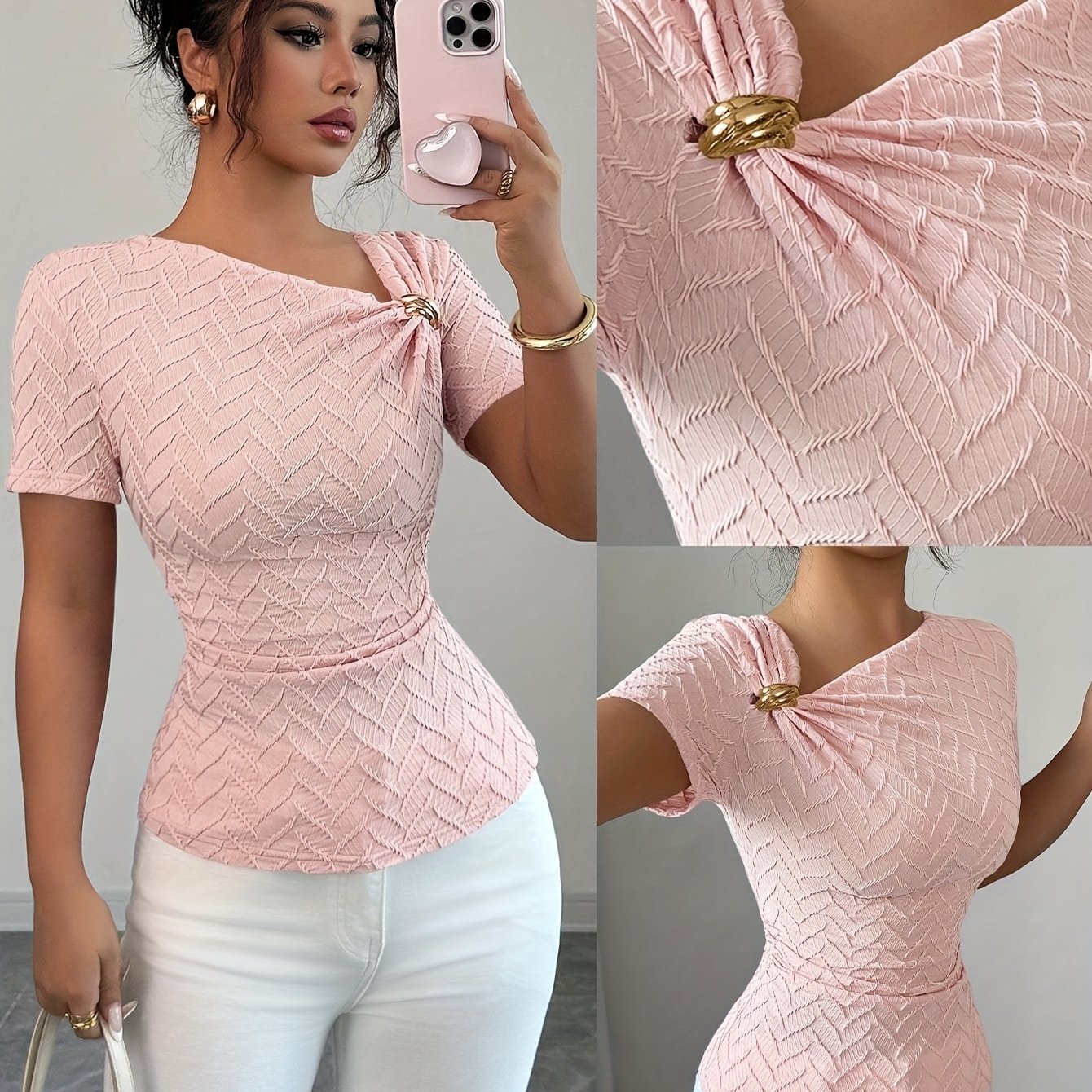 Image of Women's Elegant Irregular Neckline Metal Decorated Short-sleeved T-shirt