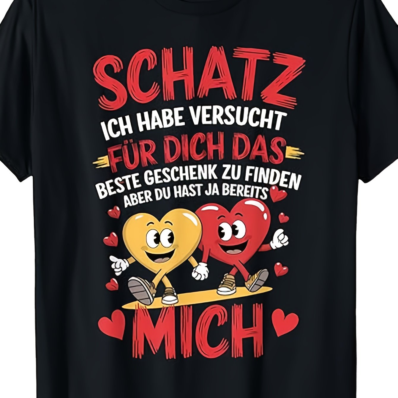 Image of Plus Size Men's T-shirt, Men's Short Sleeve ", I " Funny German Couple Quote Heart Characters Anniversary Gift Casual T-shirt