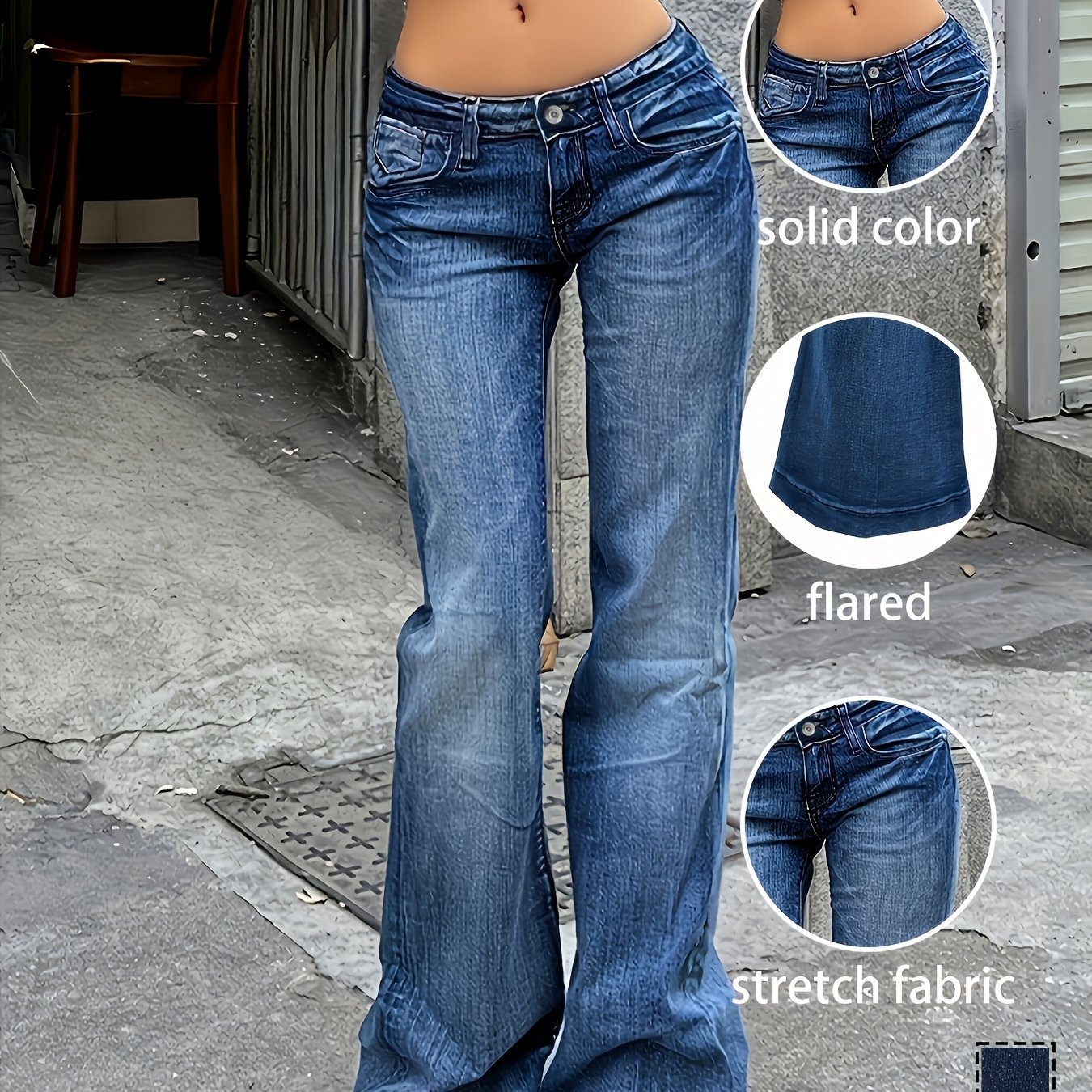 Women's Bootcut Jeans Stretch Solid Color Low Waist, Long Length | Style, Zipper Fly Closure Regular Flared Jeans