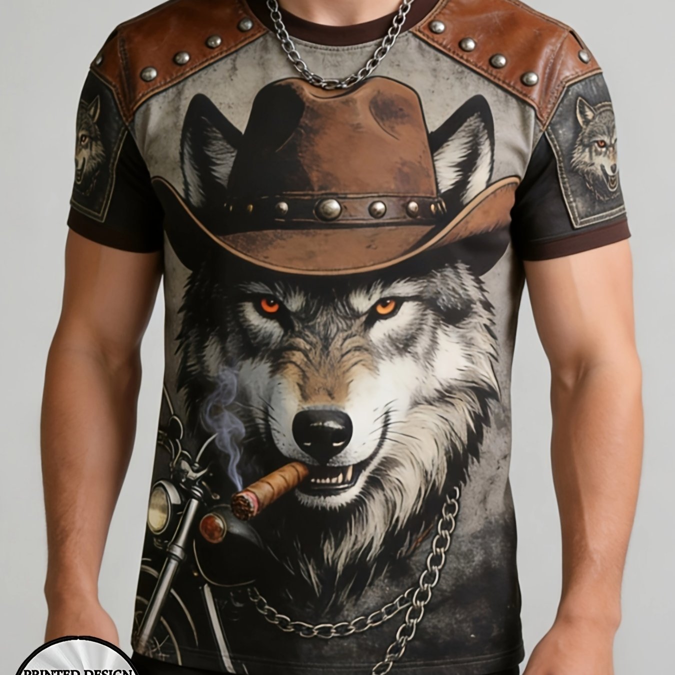 TEMU Digital Printing - Crew Neck Short Sleeve T-shirt, Animal Print T-shirt Western Cowboy Wolf Print Short Sleeve Loose Versatile Casual Top Loose