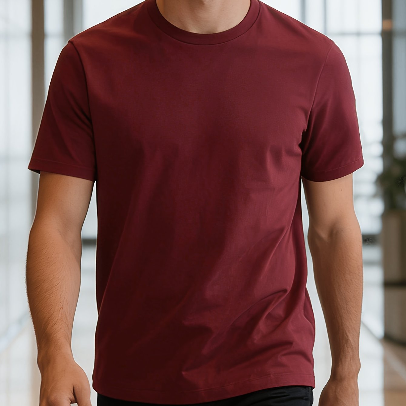 TEMU Men's Easy Versatile Casual Solid Color T-shirt - Soft Daily Home And Outdoor Top | Round Neck Design, Suitable For Fitness, Running, Relaxation