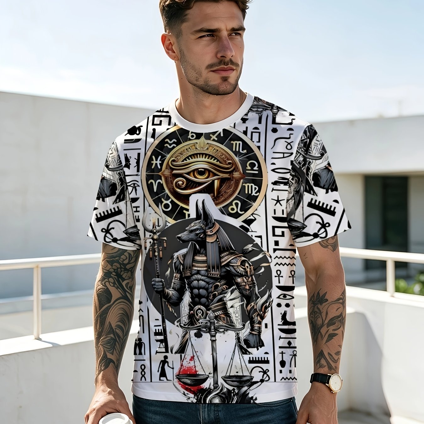 TEMU Men's Egyptian Anubis & Horus Eye T-shirt - Breathable Round Neck Tee With Anubis Print & Horus Design, Suitable For Casual Wear,, Gym, Themed