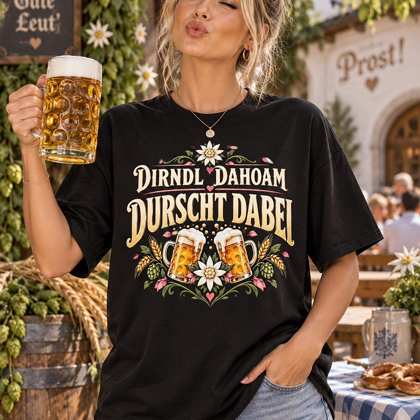 Image of Dirndl Home Thirst At Warm Vintage Folk Graphic With Beer Glasses Wheat Leaves And Decorative Hearts