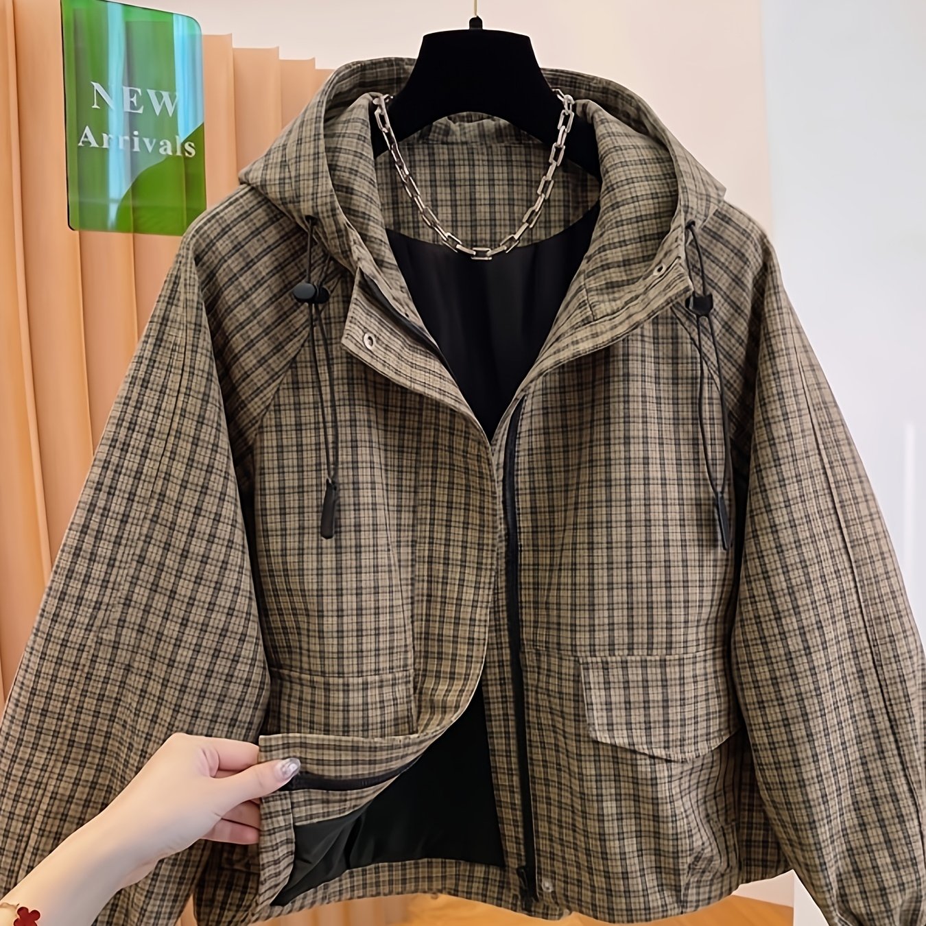TEMU Western Women's Individual Fashion Easy Casual Commute All-match Daily Outing Small Checkered Design Hooded Short Jacket Coat Asd1