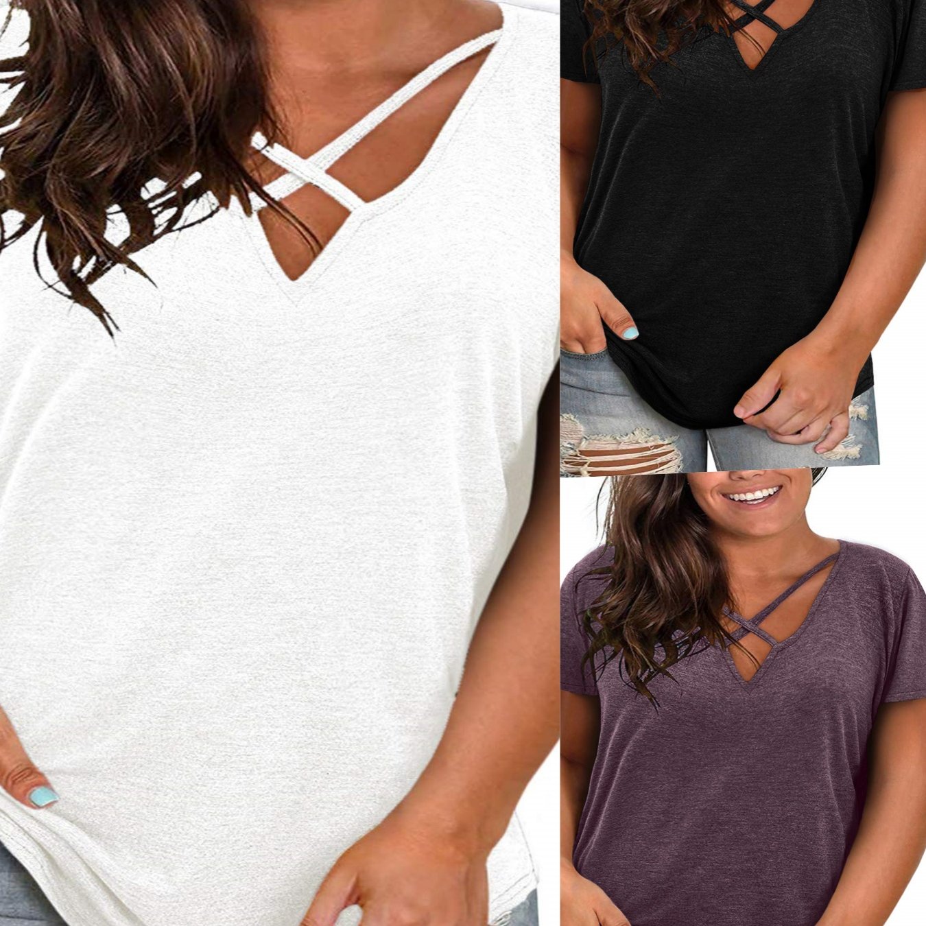 Image of Casual Loose-fitting Short-sleeve Top For Women In Plus Sizes, Featuring A Sexy V-neck And A Belted Design