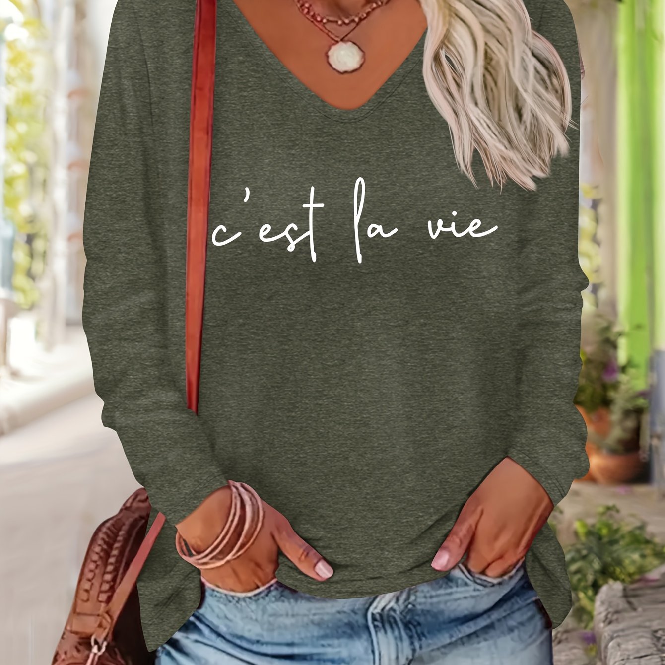TEMU Letter Print Women's Fall Winter Top, Fashion Versatile Easy Casual V-neck Long Sleeve T-shirt