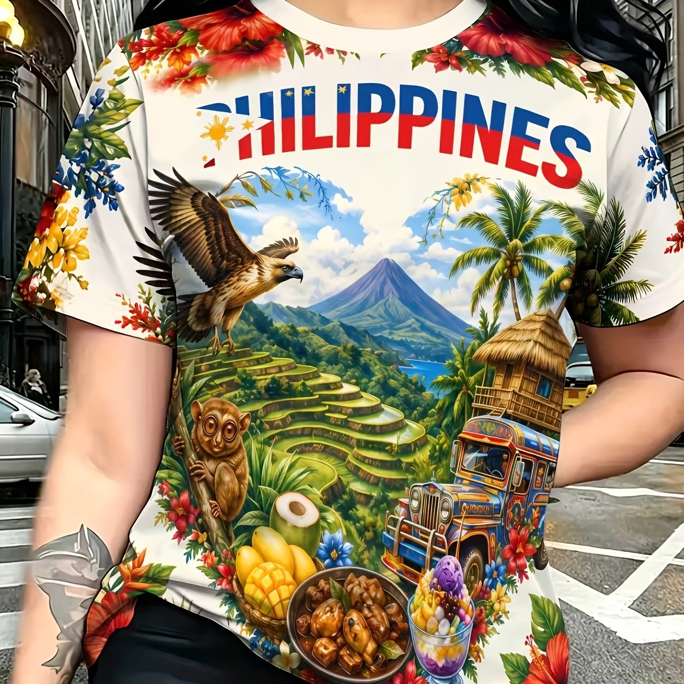 TEMU [printed Design - Not Textured] Philippine Tropical Heart Women's Casual Printed Round Neck Short Sleeve T-shirt, Daily Wear Patterned Tee, Best