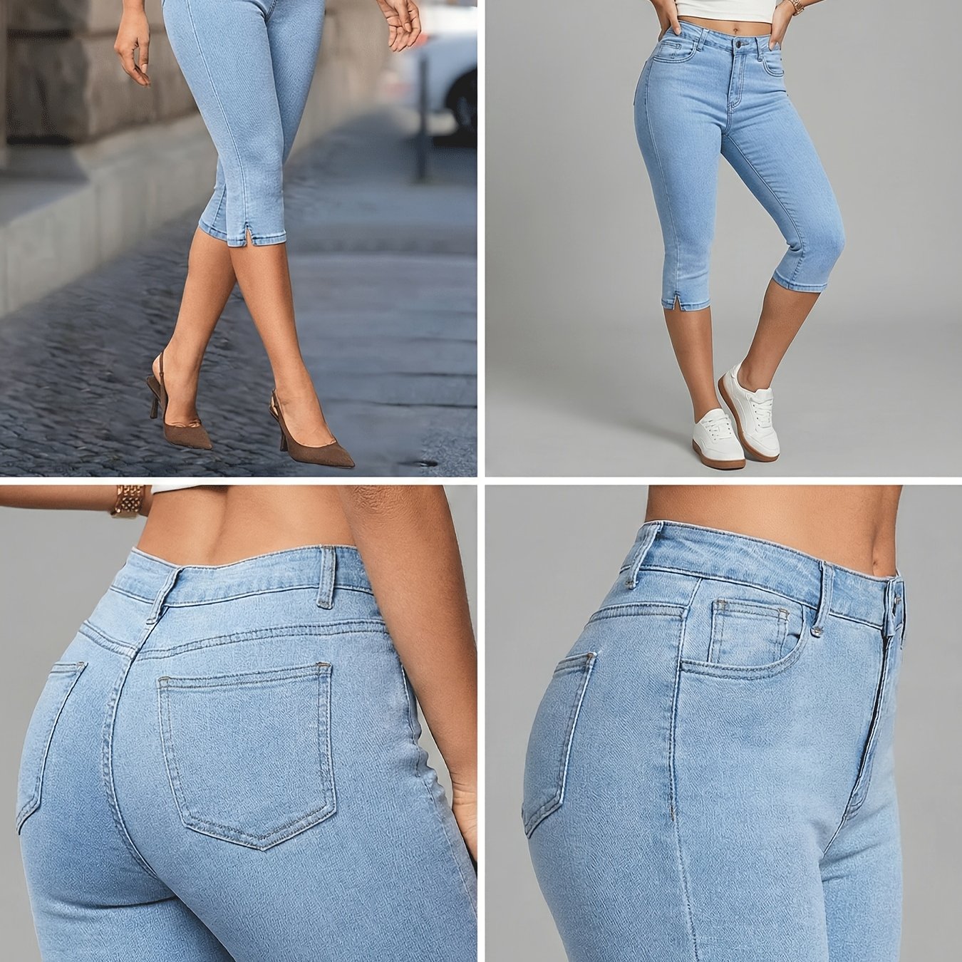 TEMU Women' Blue Denim Capri Pants High Waisted Skinny Fit Fabric Comfortable Wear Classic Cropped Jean Capris Casual Summer Style Versatile Daily