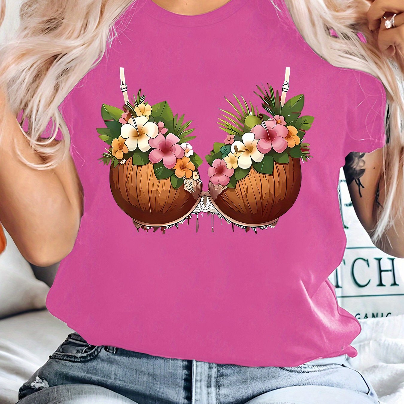 TEMU Plus Size, Plus Size Tropical Coconut & Hibiscus Print T-shirt - Hawaiian Palm Leaf & , Relaxed Fit Short Sleeve Round Neck, Breathable Casual