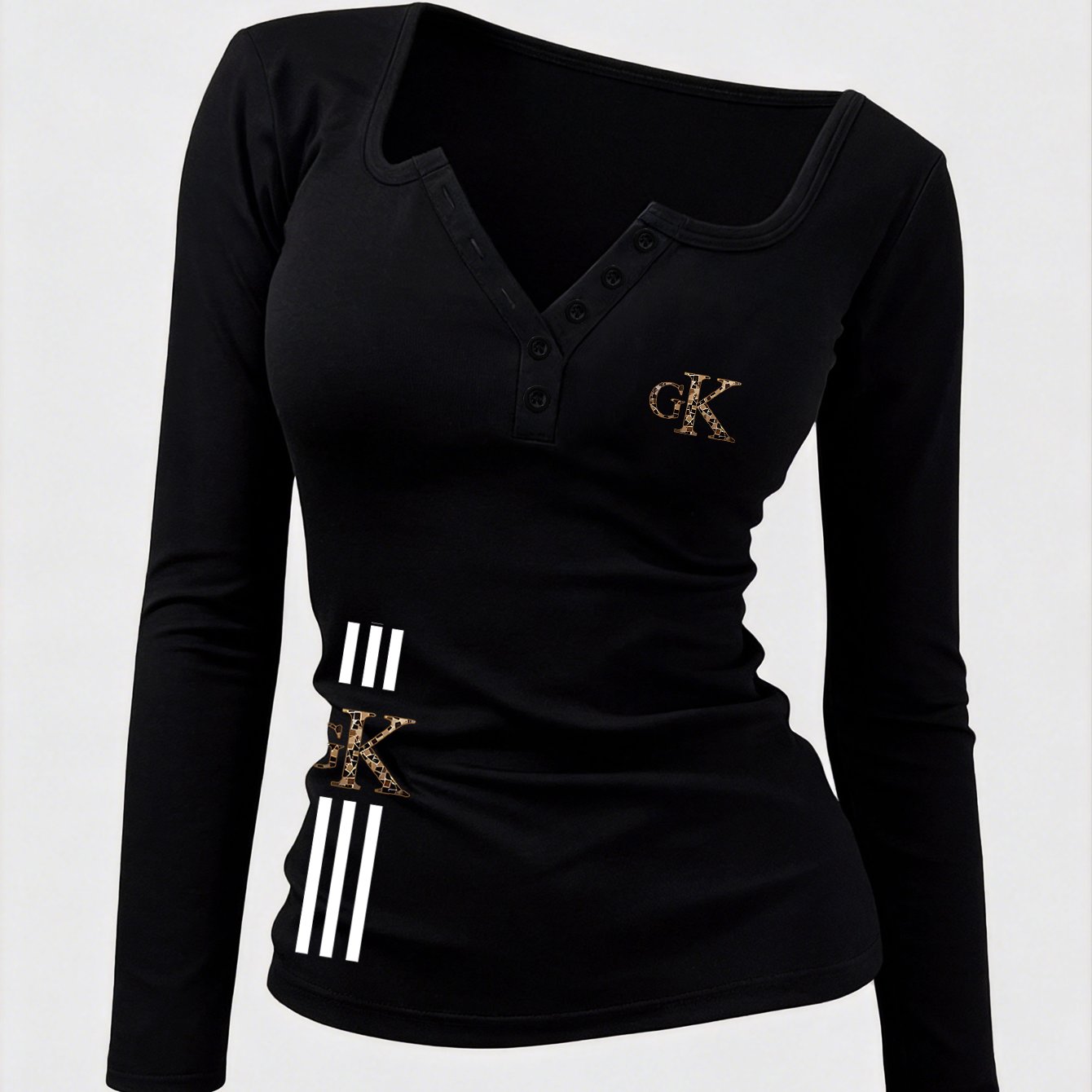TEMU Tenue Tendance pour Femme, T-shirt à Manches Longues et Boutons, Design en V, Vêtement Décontracté Y2K Adapté à Toutes , Haut de Printemps/Été,