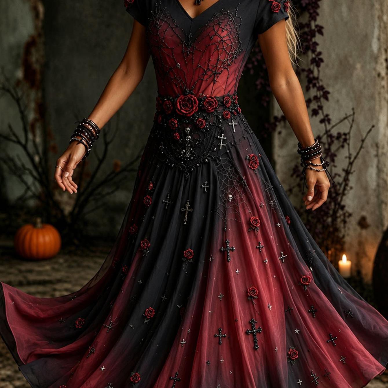 Image of Women's Halloween Prints Long Dress Short Sleeves V-neck Gothic Printed Flowing Long Dress Casual Autumn And Winter Vacation Dress