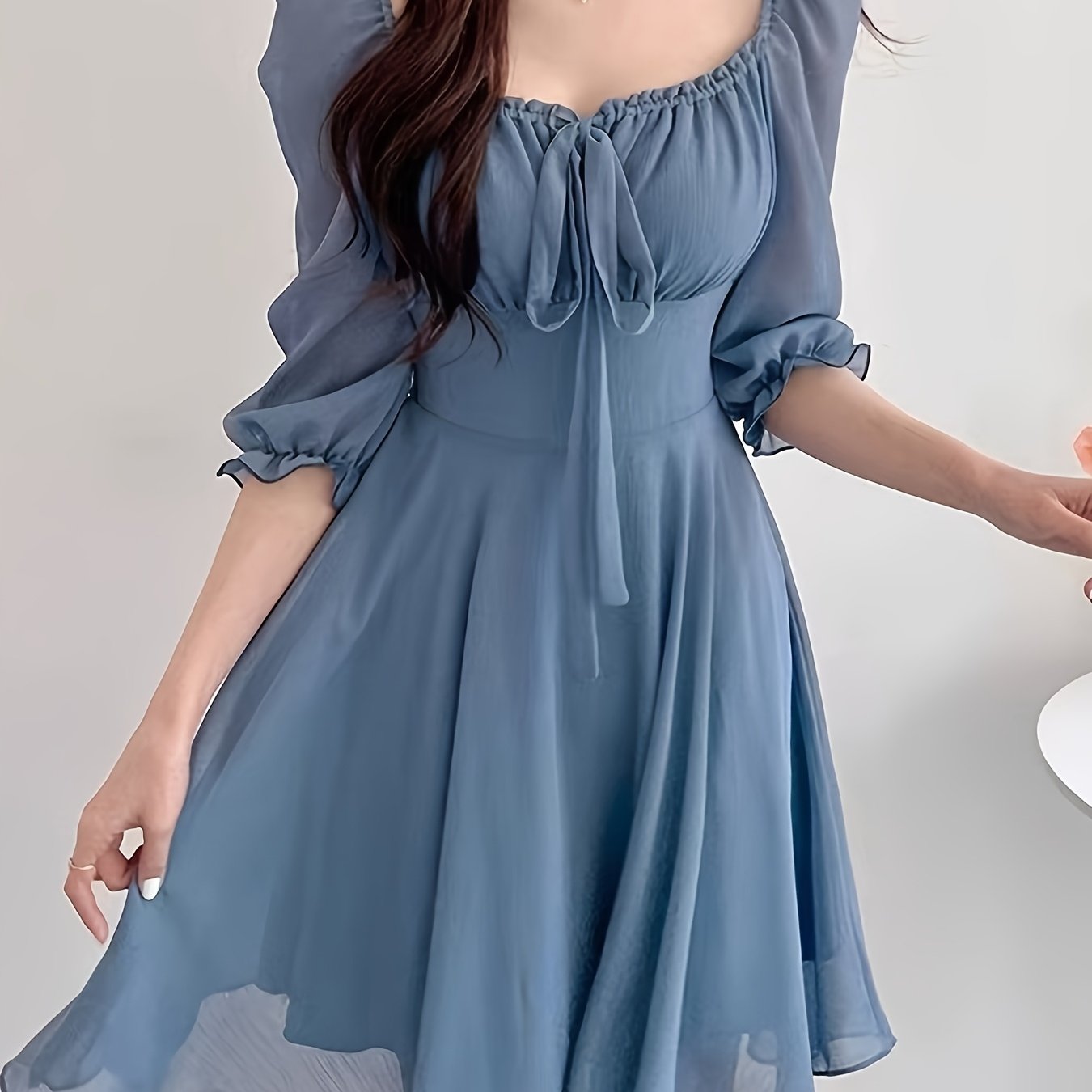 Image of Solid Neckline Mid-sleeve Tie-waist A-line Flared Dress, New Autumn Style, Elegant Women's Dress, Popular Korean Fashion, Promotional Women's Apparel, Autumn/winter Inner Wear Base Layer Dress