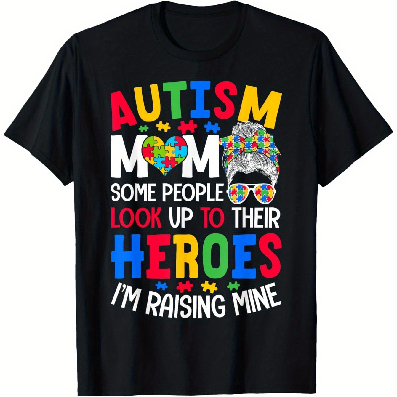 TEMU Autism Mom Raising Hero Groovy Messy Bun Autism Awareness T-shirt For Men Women Couple Tops Short Sleeve, Street Style Short Sleeve Tee, Tee, Casual Summer Tee, Must-have Fashionable Tee