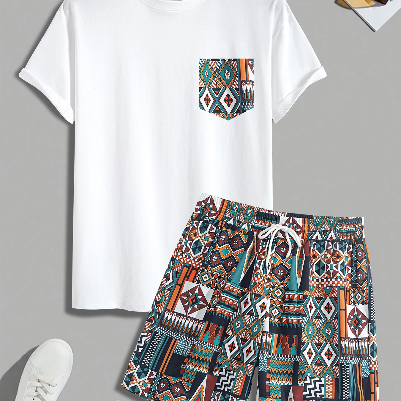 Image of Men's Fashion Knit Short-sleeve T-shirt + Shorts Set, Men's Casual Sportswear, Men's Leisure Outfit