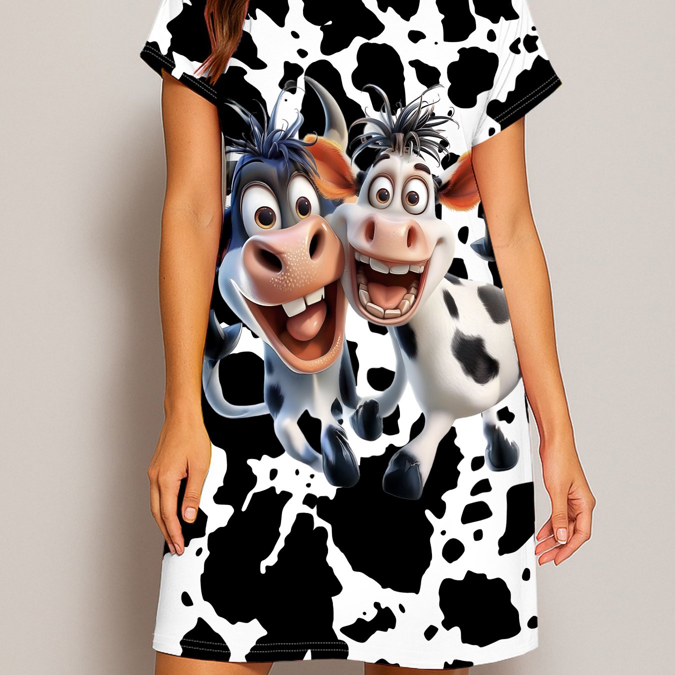 TEMU 1pc Cow Print Multi Cows Printed Nightgownair-conditioned Room To , Home, Loose Fabric Is Soft.suitable For People Who Home Beauty.