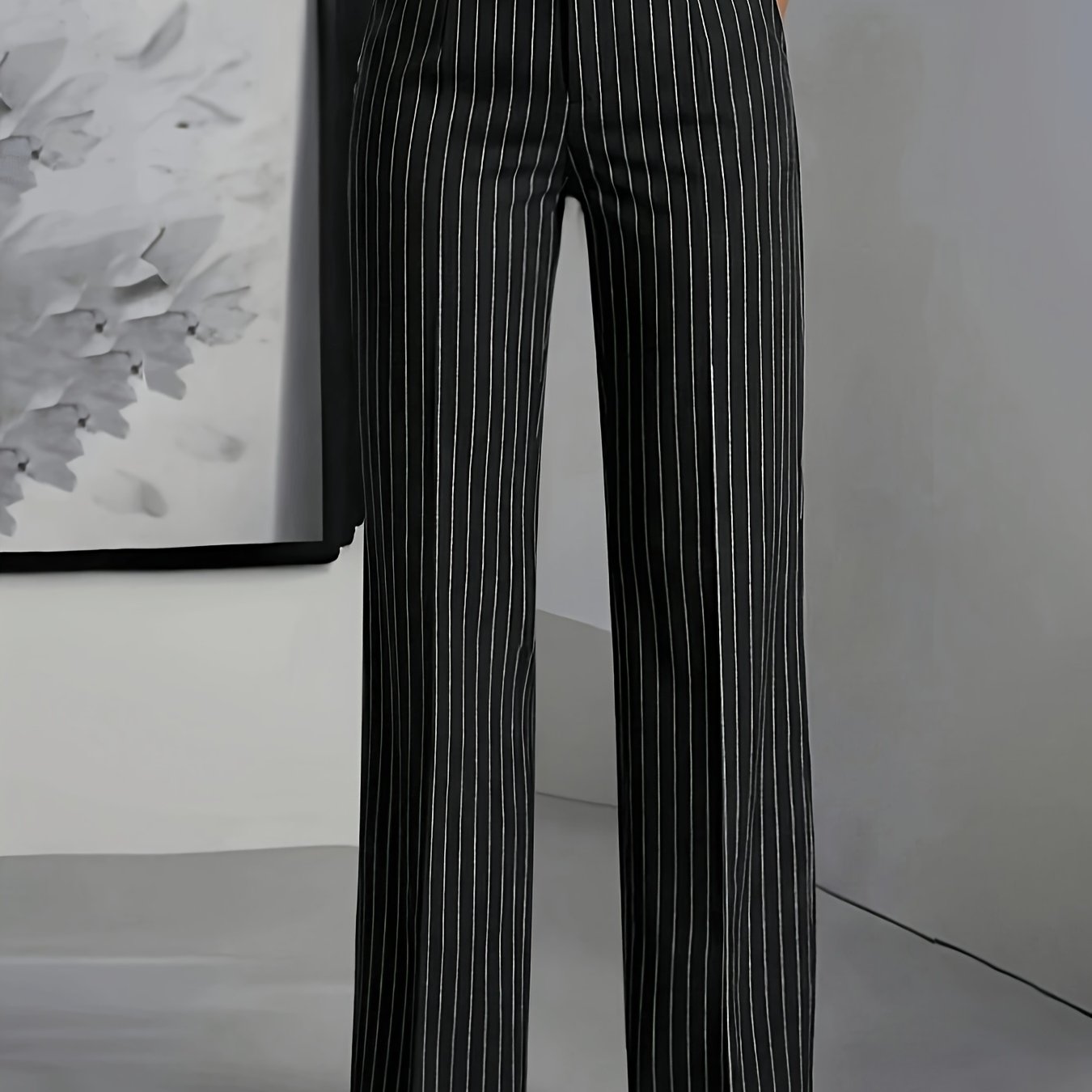 TEMU Pants With Elastic Waistband, Featuring A White And Black Striped Design. Minimalist Style Designed For , From Women