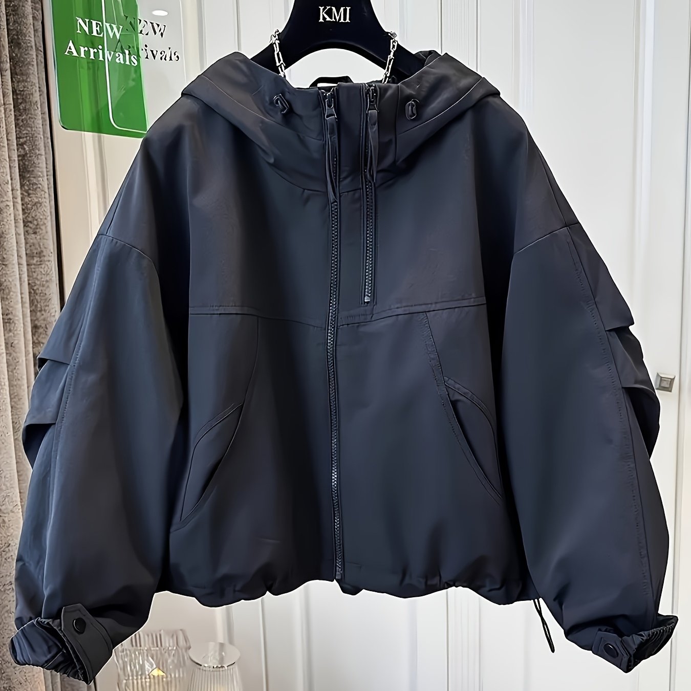 E-shop Frühlings-/Herbstmode Lässige, einfarbige, vielseitige, individuelle Damenjacke mit doppellem Reißverschluss und Kapuze