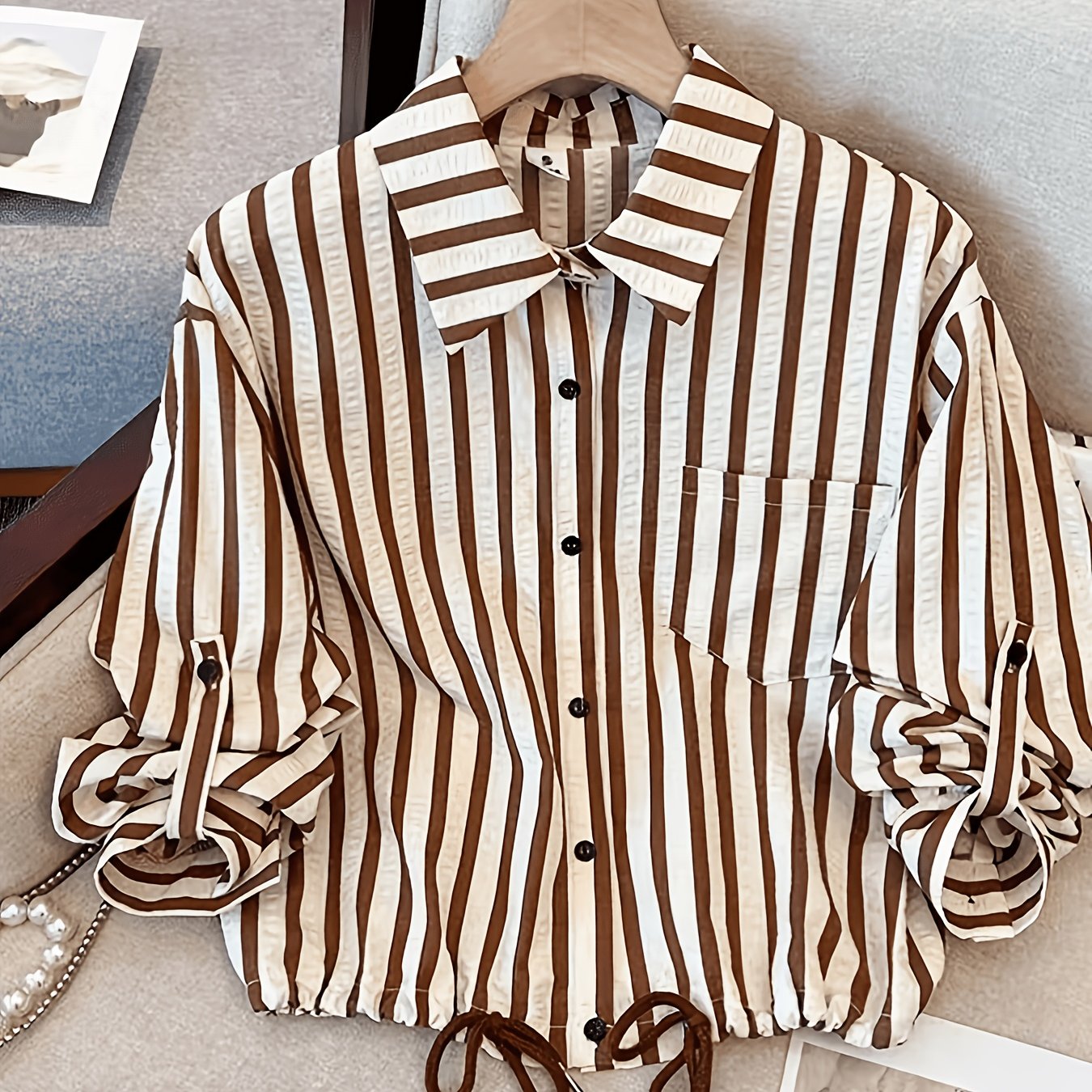 TEMU Women's Casual Textured Striped French Collar Long Sleeve Blouse With Drawstring Hem, Adjustable Sleeve Length