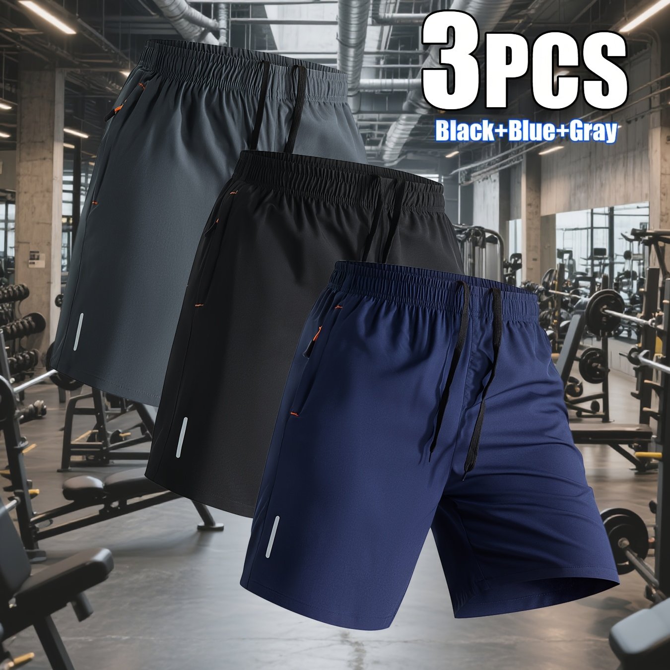 TEMU Men's Casual Sports Shorts Three-pack For Gym - Reflective Strip Design, Zippered Pockets And Drawstring Waist, Ideal For Outdoor Sports And