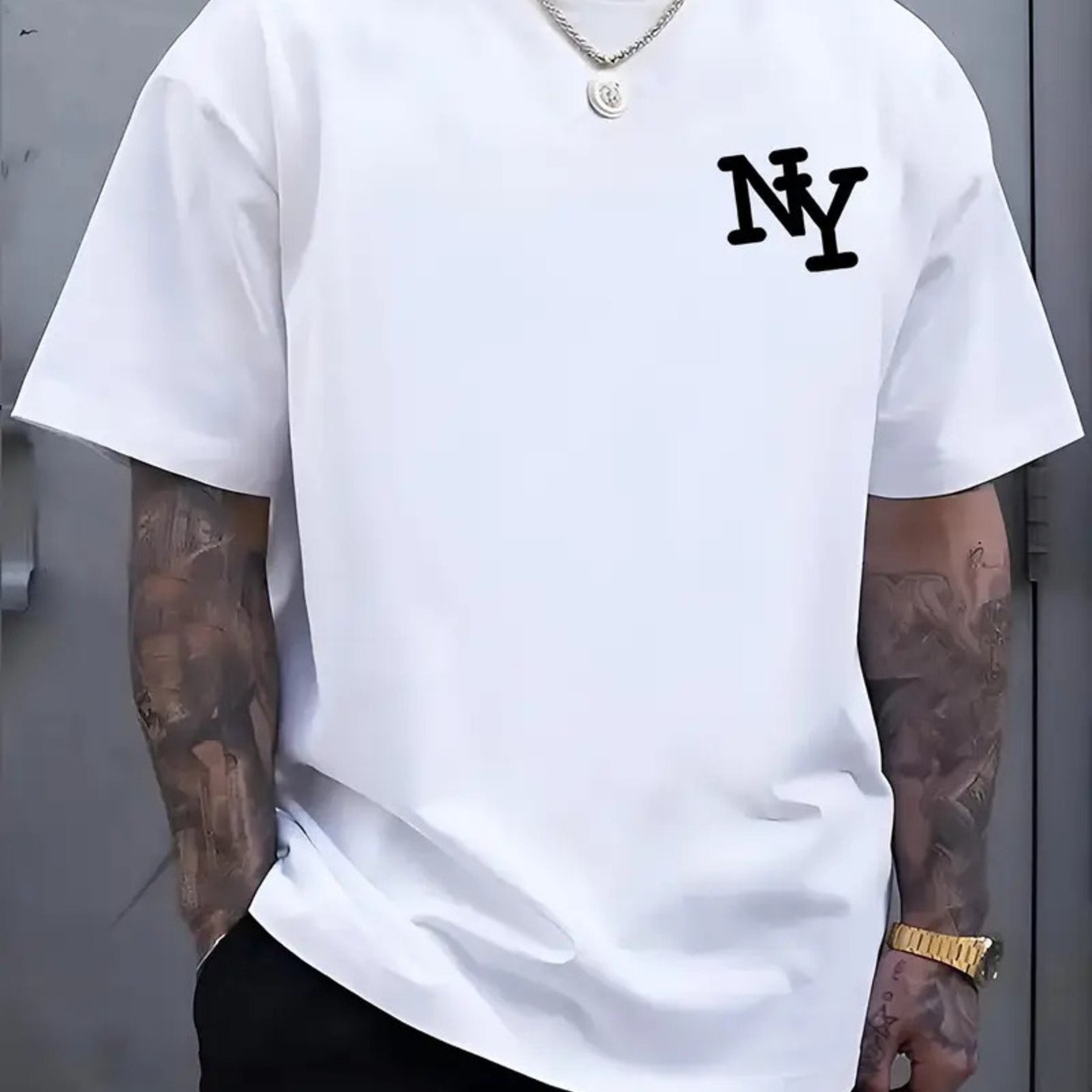 TEMU [printe Esign â Not Texture] Men's Plus Size Logo Loose T-shirt - Black With White Ny Letters, Short Sleeve Crew Neck Casual Summer Top, Theme