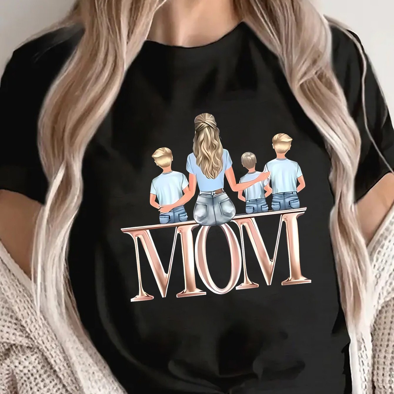 TEMU Lightweight And Durable Short-sleeve T-shirt For Mothers, Showcasing A Family-themed Graphic Design, Ideal For Casual Wear At Home Or During ,