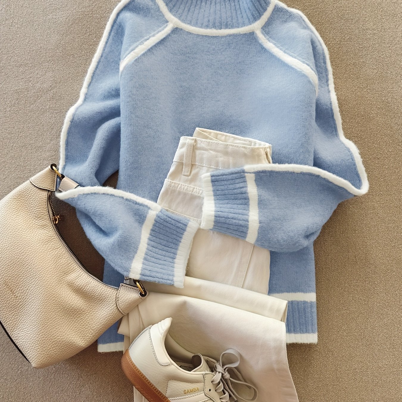 2024 Autumn/winter Half-high Collar Three-dimensional Striped Casual Loose Pullover Lazy Style Sweater
