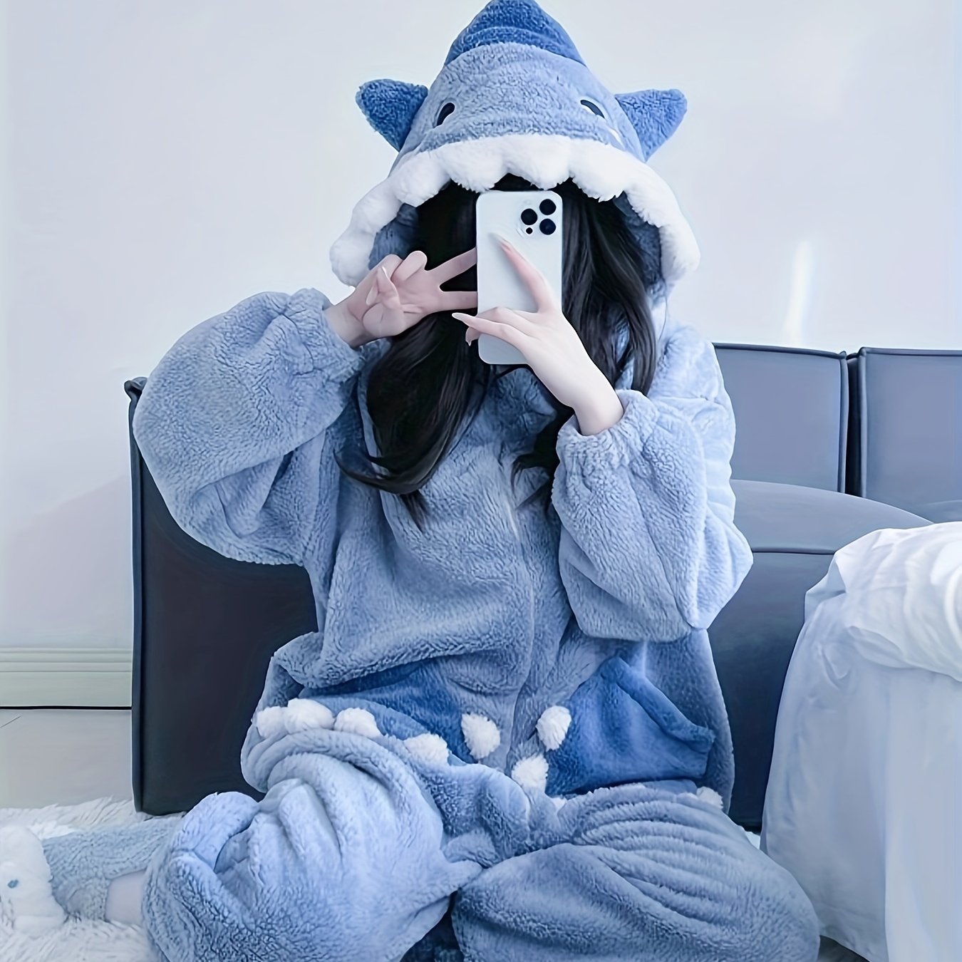 Image of Cartoon Shark Hooded Jumpsuit For Carnaval & Music Festival, Long Sleeve Zipper Fuzzy Pajamas, Women's Sleepwear & Loungewear