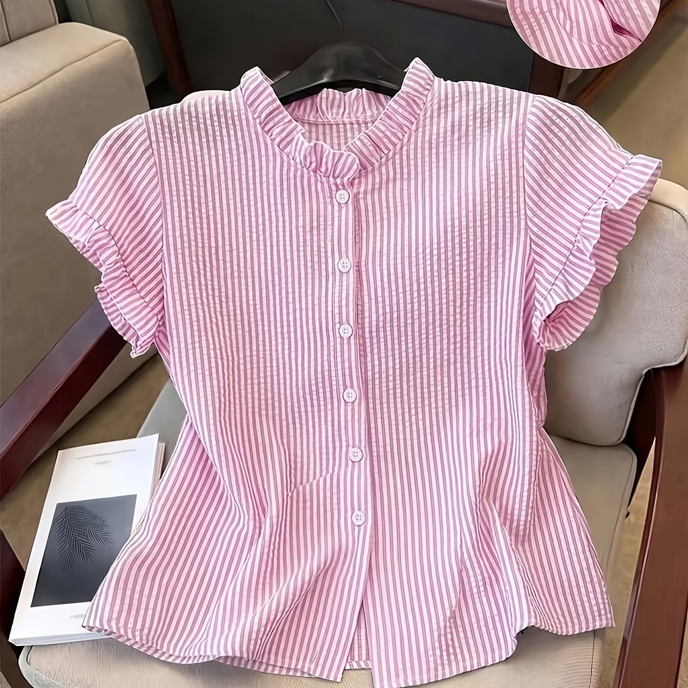 TEMU Women's Shirt - Women's Collar Short Sleeve Single Button Striped Shirt And Zzy