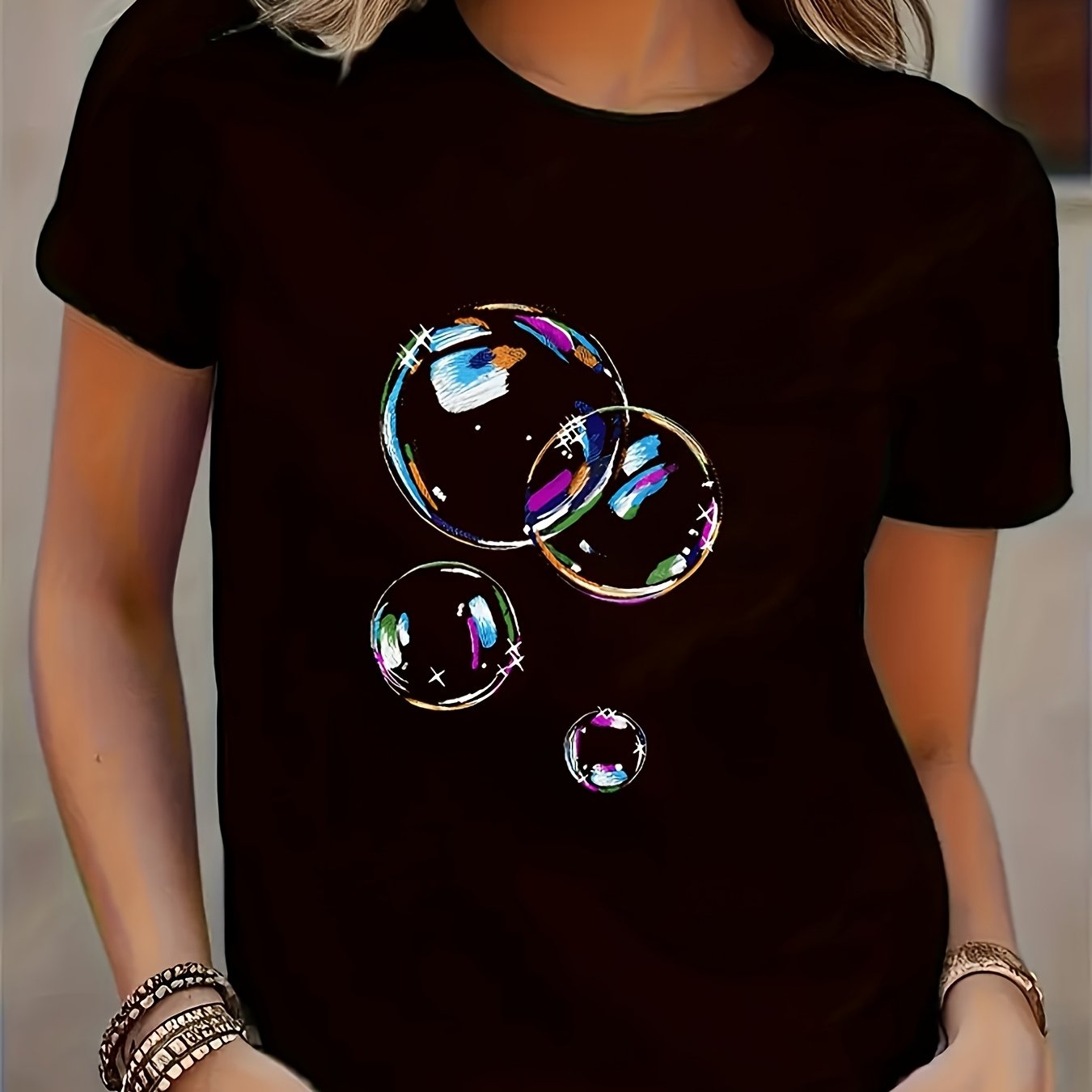 TEMU Cartoon Dreamlike Bubble Pattern Printed T-shirt, Featuring A Casual Round Neck And Short Sleeves, Stylish And Versatile, Suitable For Women's