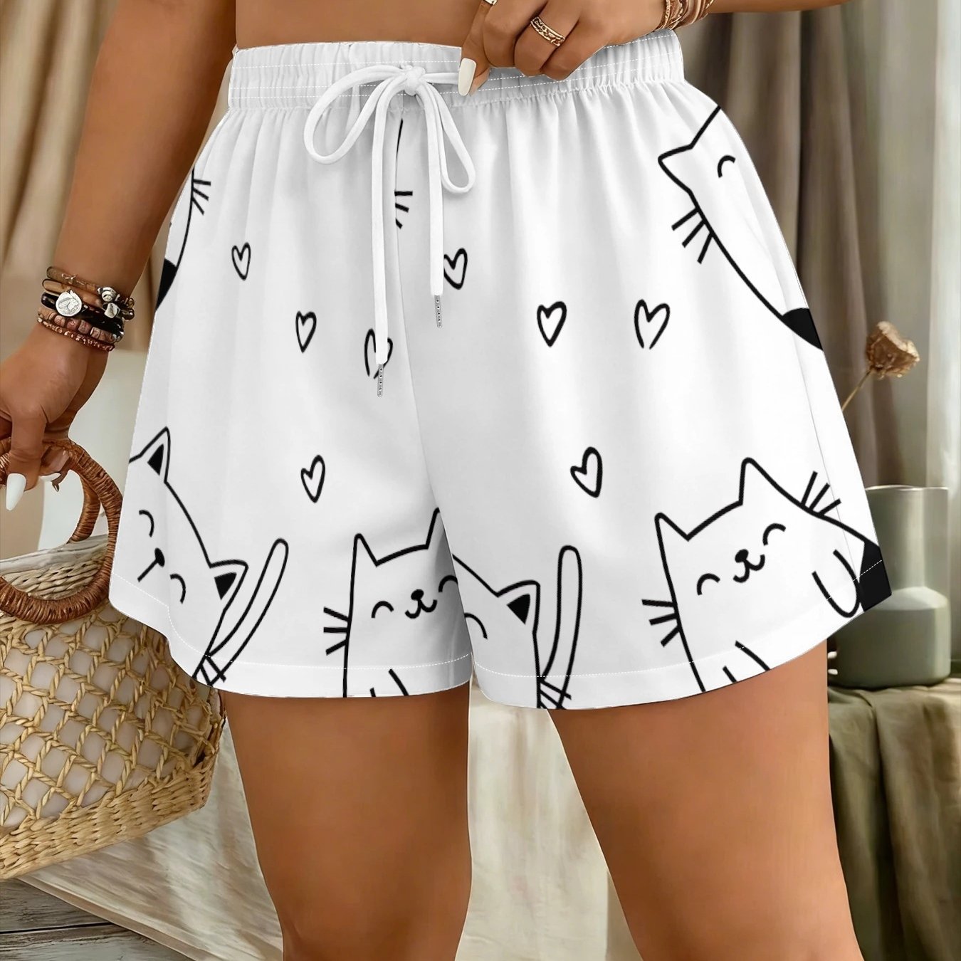 TEMU 2026 Summer New Plus Size Shorts Cartoon Cat Heart Print Drawstring Elastic Waist Loose Wide Leg Comfortable Breathable Home Shorts Suitable For