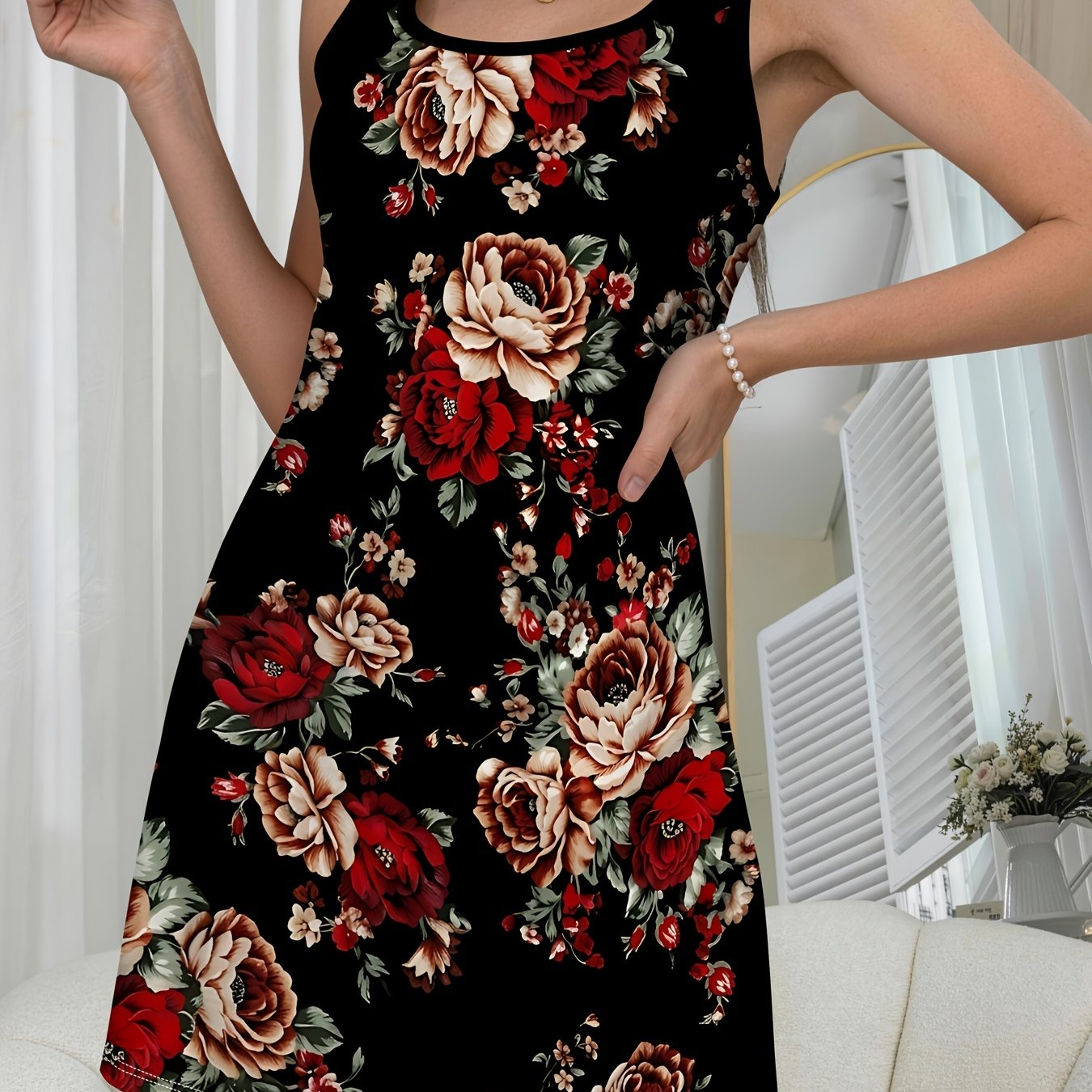 TEMU Ladies' Nightgown, Sleeveless Casual With Vintage Large Peony Floral Print On Black Background, Comfortable Loungewear, Camisole Nightgown,