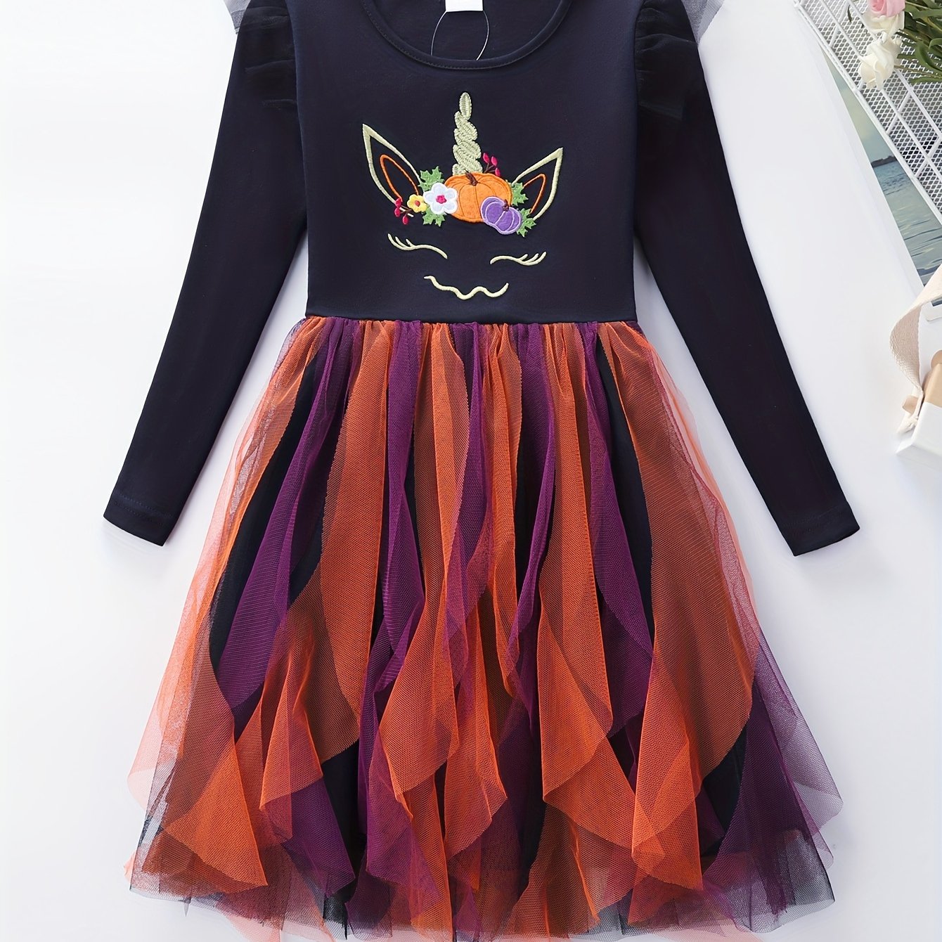 Image of Girls' Pumpkin Witch Bat Layered Mesh Tulle Princess Dress, Children's Holiday Halloween Lh1749