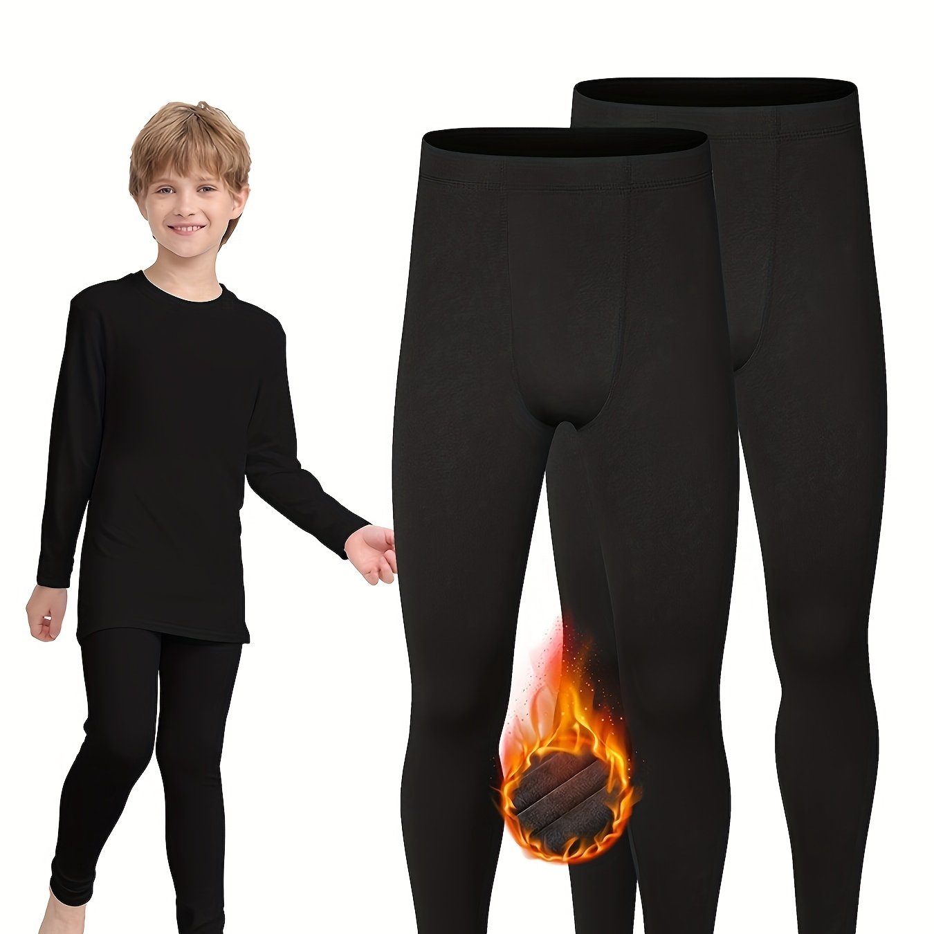 Image of Set Of 2 Boys' Thermal Quick-dry Pants, Lightweight And Comfortable For Autumn And Winter, Slim Fit With High Elasticity, Soft And Thickened Underwear