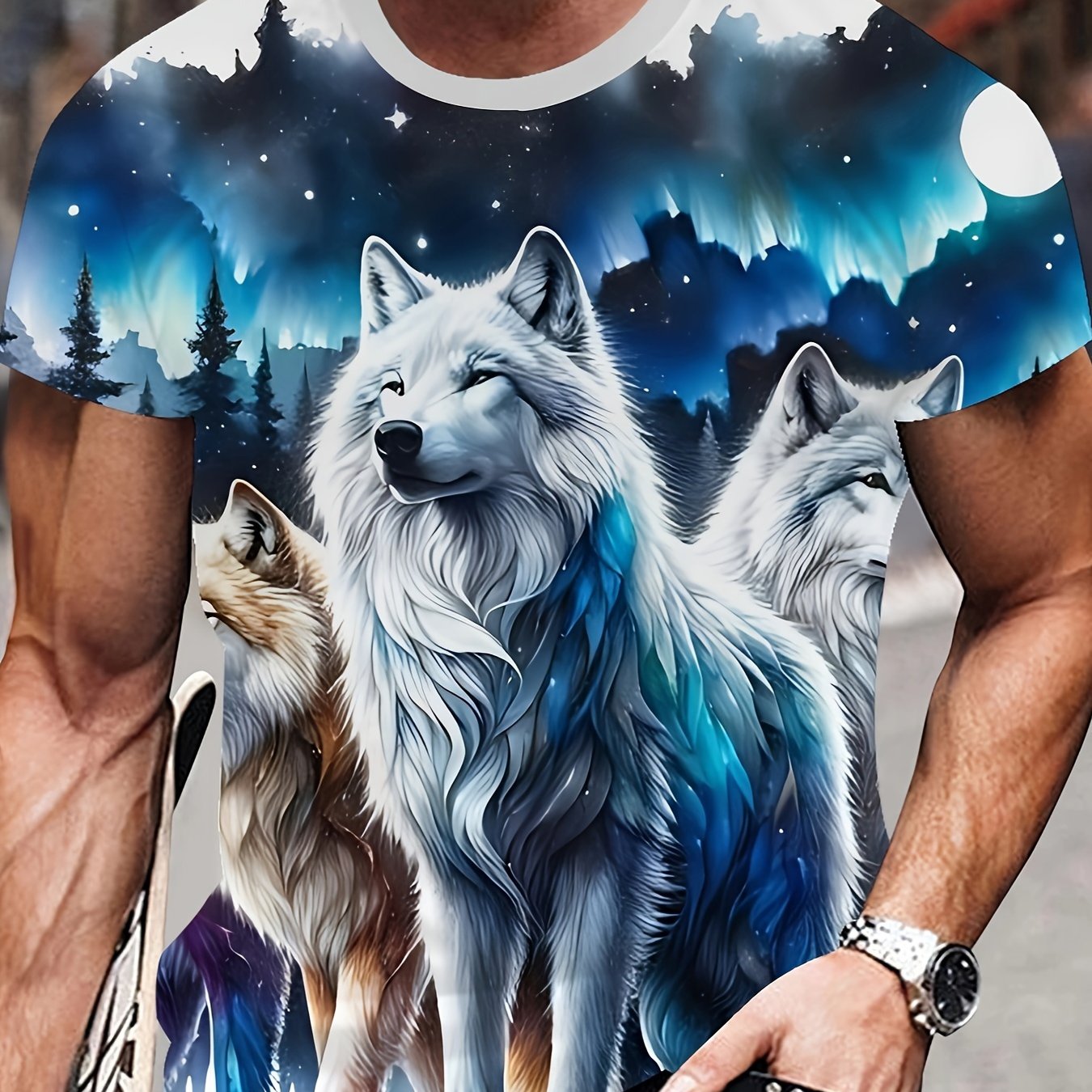 TEMU Men's Wolf Print T-shirt With Wolf & Geometric Patterns - Short Sleeve Crew Neck Casual Shirt, Suitable For Casual Attire, Themed Events &