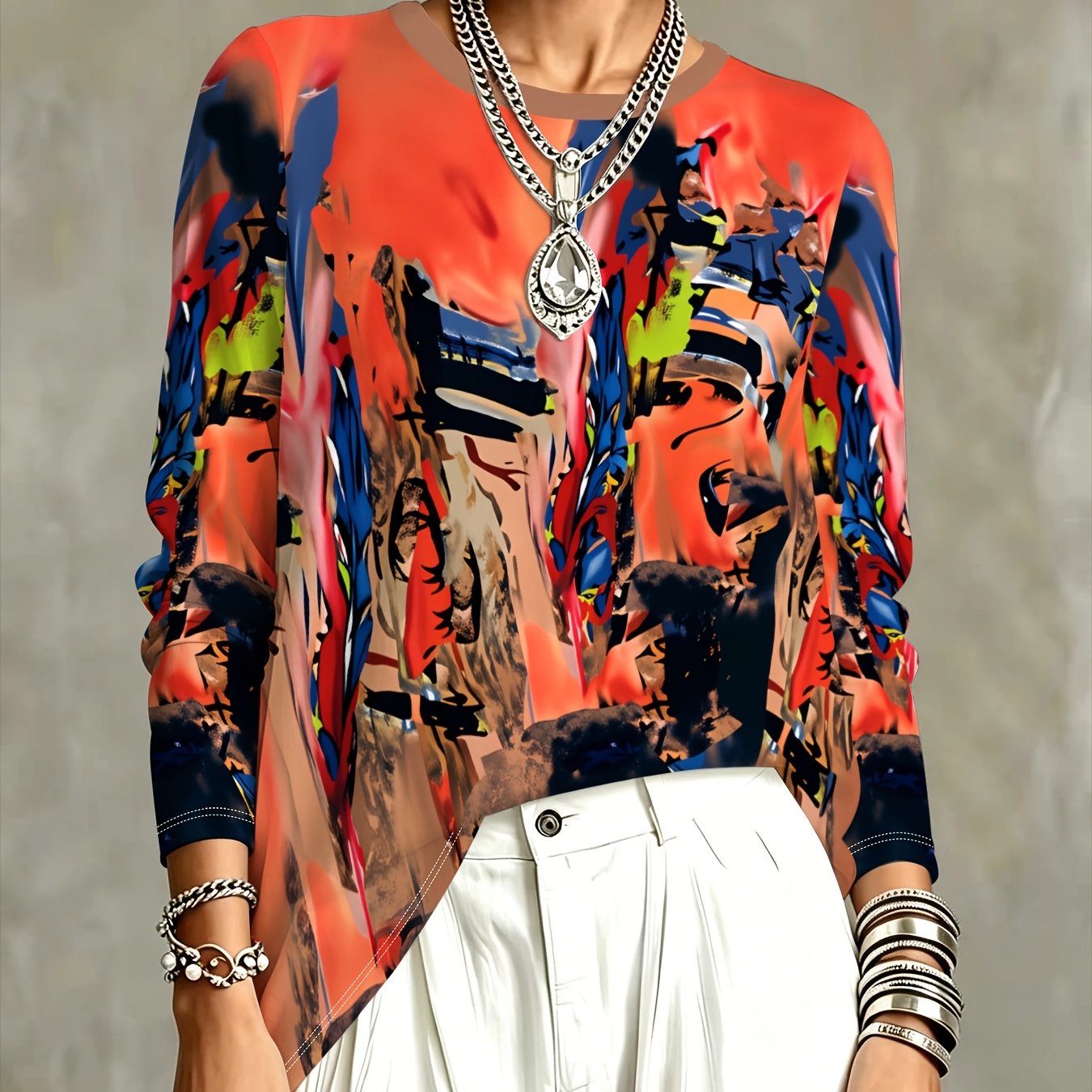 TEMU Women's Abstract Art Printed Loose Top, Fashionable Trendy Long Sleeve T-shirt, Versatile, Sense , Niche Outfit Essential For Daily Wear,