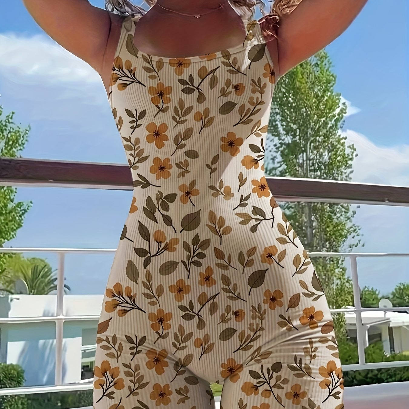 E-shop Europäische und amerikanische Damenmode 2025, , einfarbig, U-Ausschnitt, Slim-Fit und Rückenfreier Jumpsuit mit Print