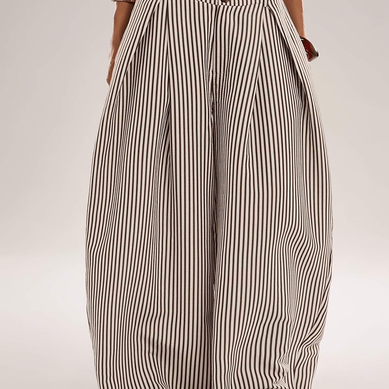 TEMU Women's Casual Bohemian Style Vertical Stripe High-waist Pleated Wide-leg Balloon Pants, Loose Fit Flowy Spliced Long Trousers